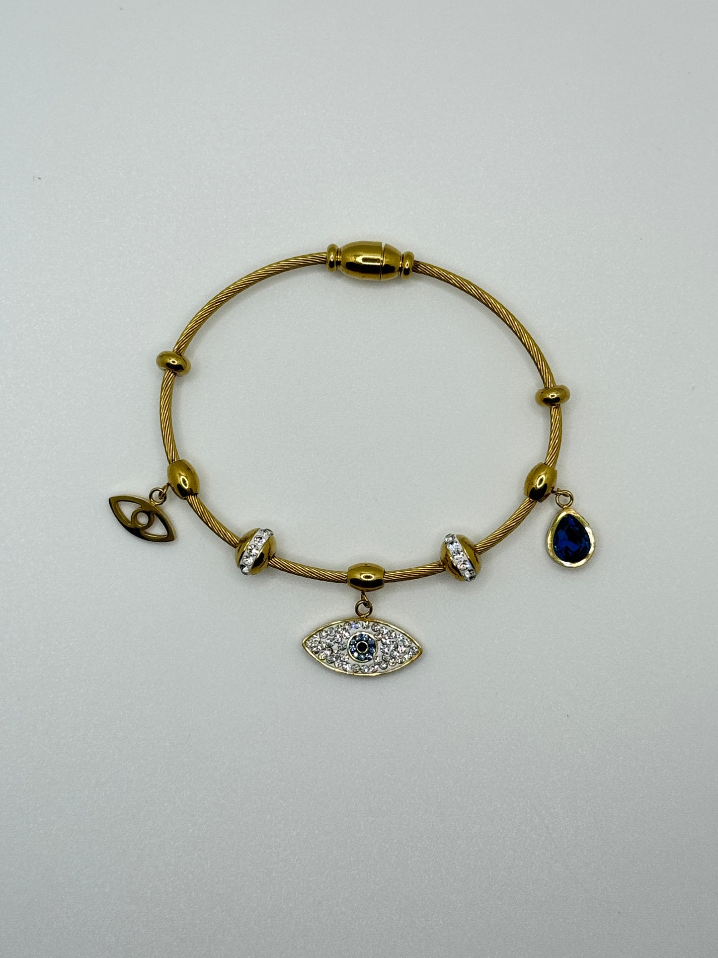 Gold Cable Bracelet with Evil Eye & Blue Drop Charms