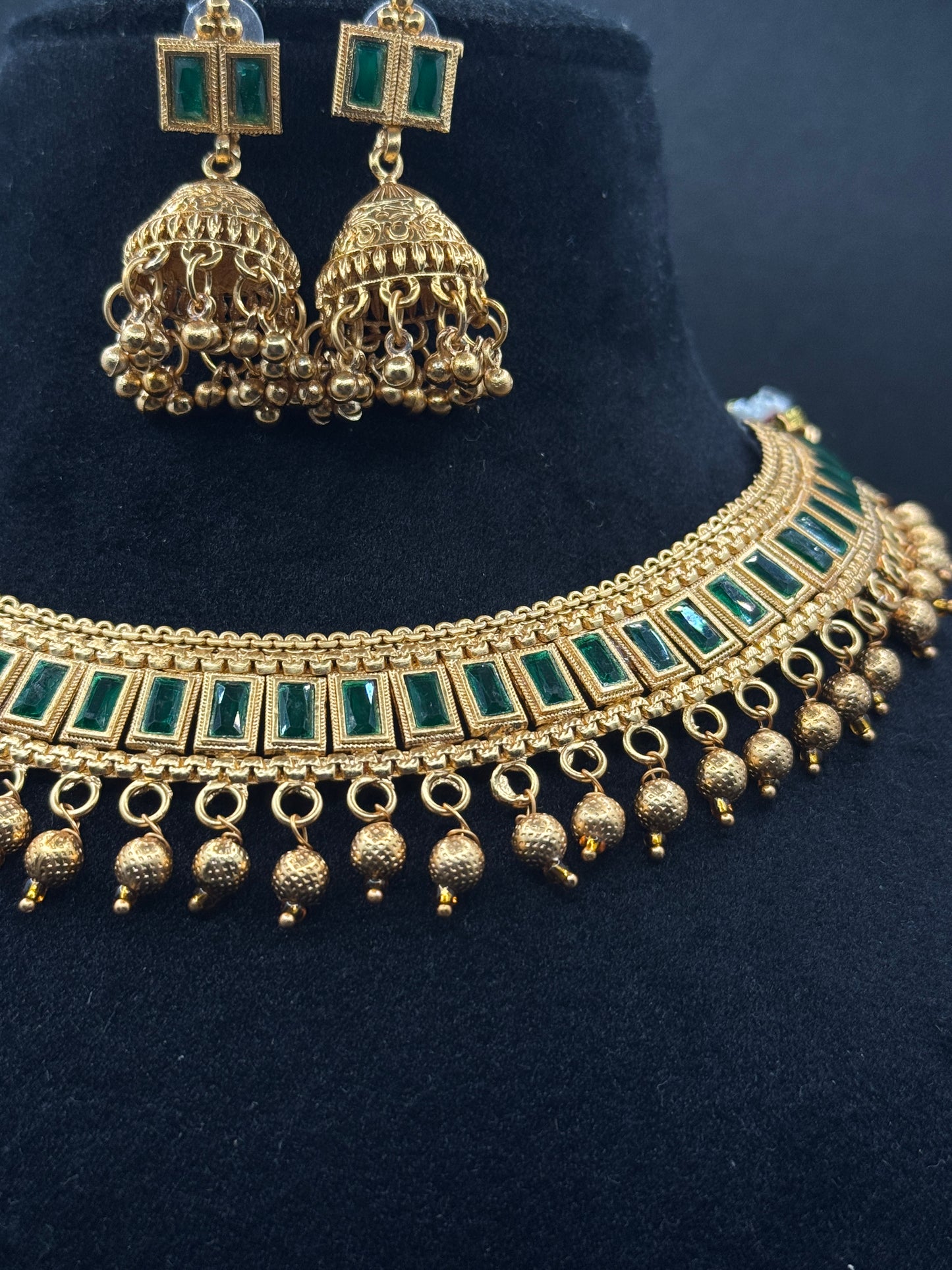 South Indian Traditional Gold Plated Necklace Set with Green Stones & Jhumkas