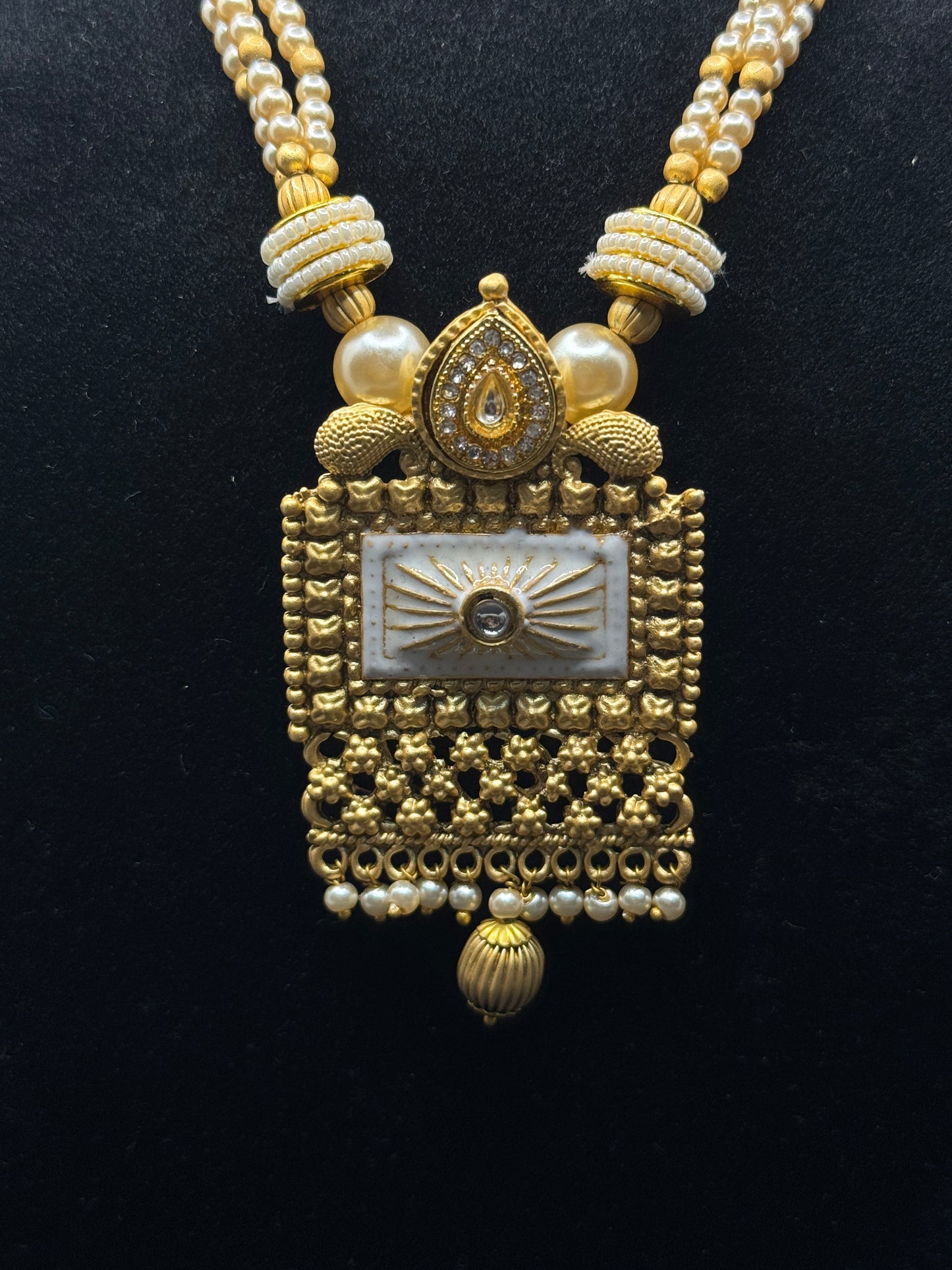 Elegant Matte Gold Rajwadi Temple Necklace Set with Pearl Strands