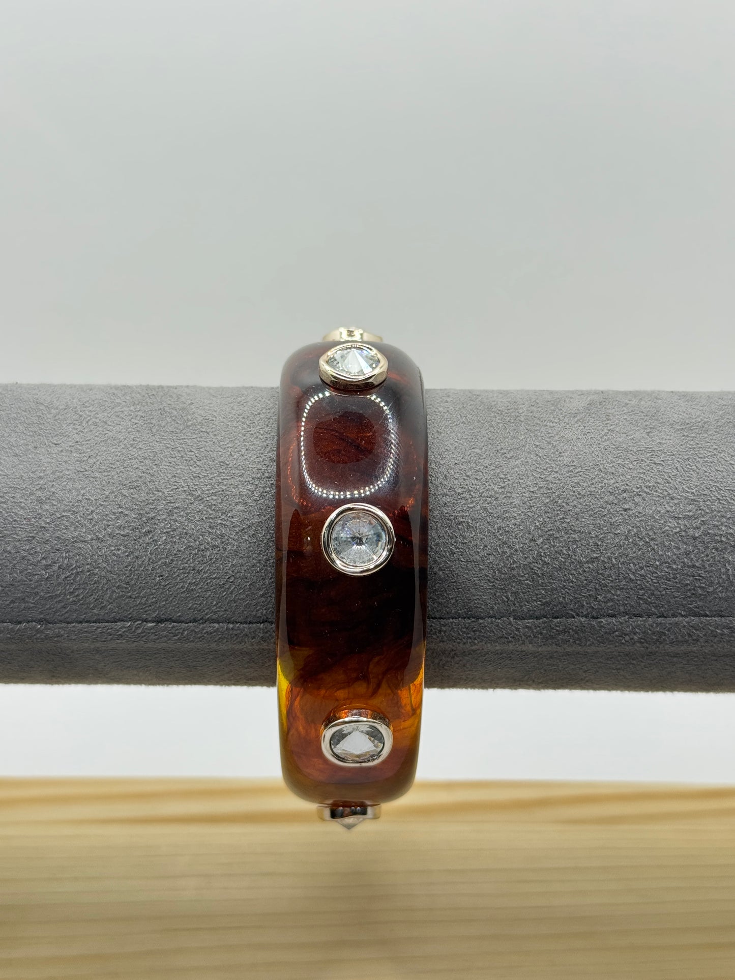 Brown Resin Bangle with Three Large Rhinestones