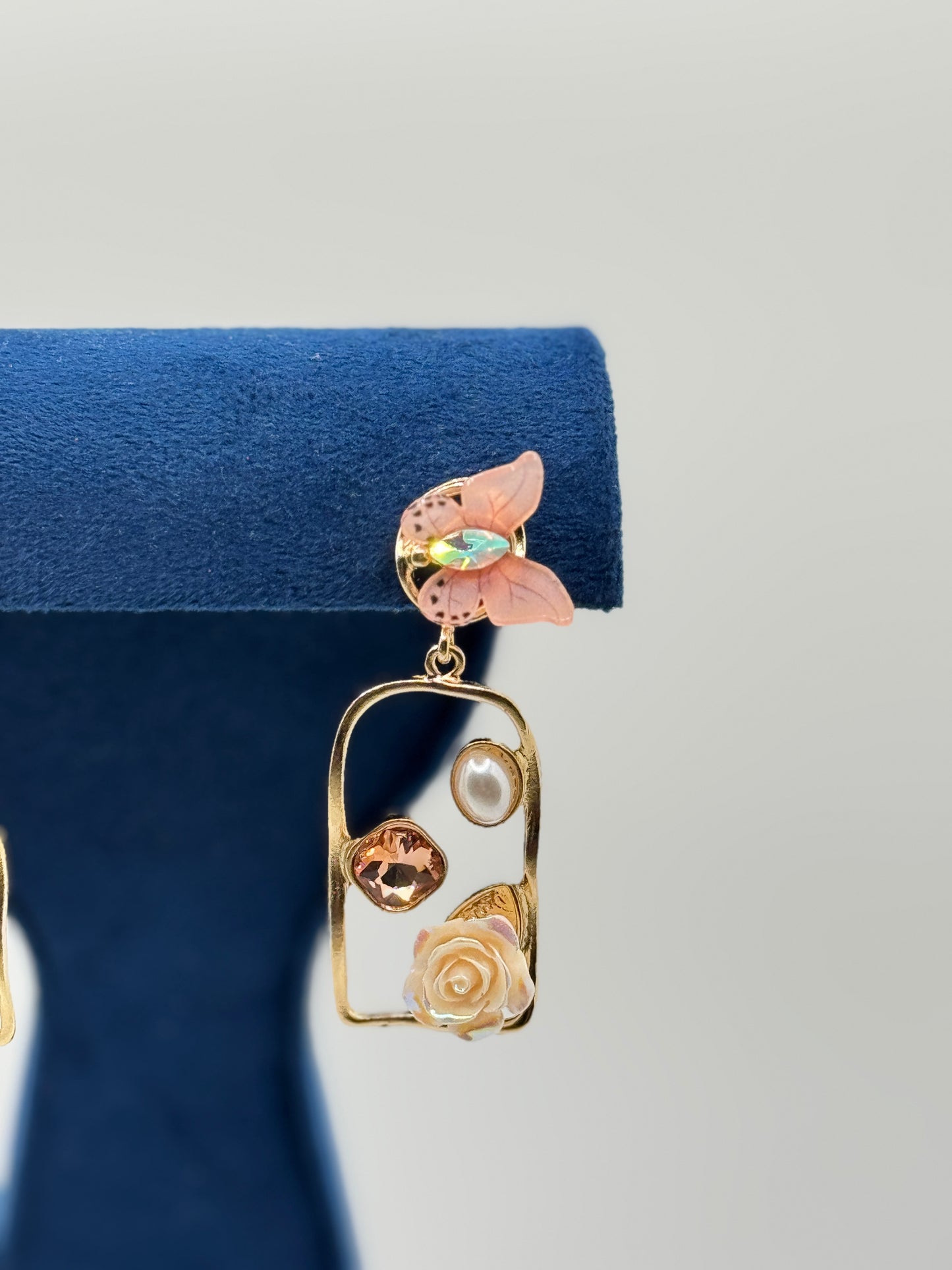 Pastel Pink Butterfly & Rose Drop Earrings