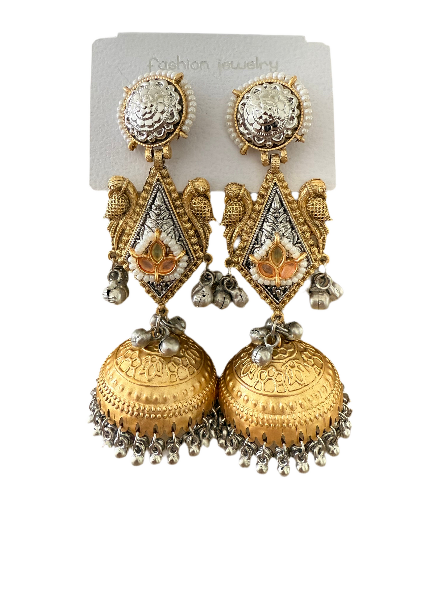 Exquisite Dual-Tone Traditional Jhumka Earrings with Peacock Motif - Peach stones
