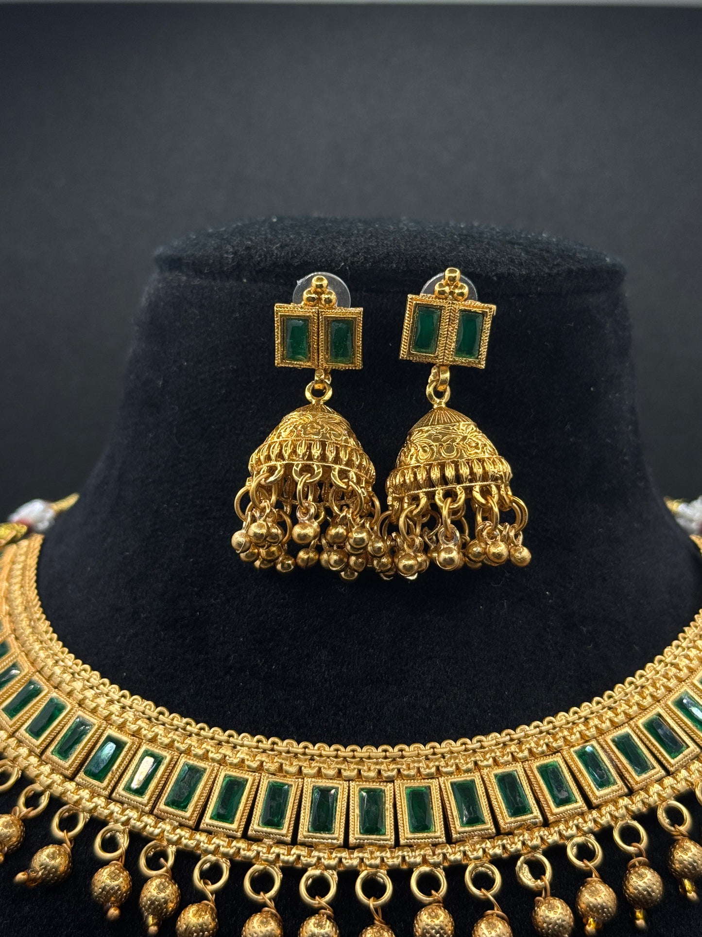 South Indian Traditional Gold Plated Necklace Set with Green Stones & Jhumkas