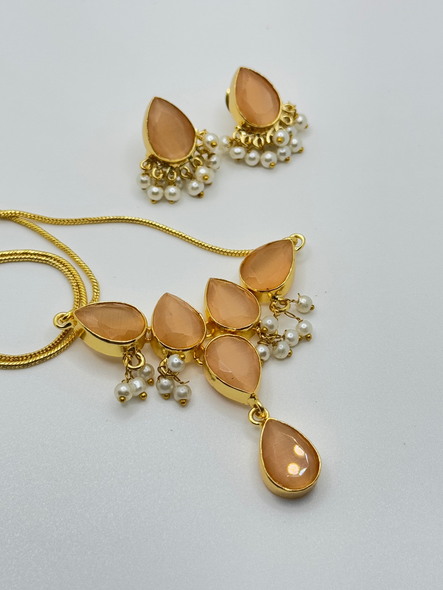 Peach Stone Teardrop Necklace and Earring Set with Pearl Drops