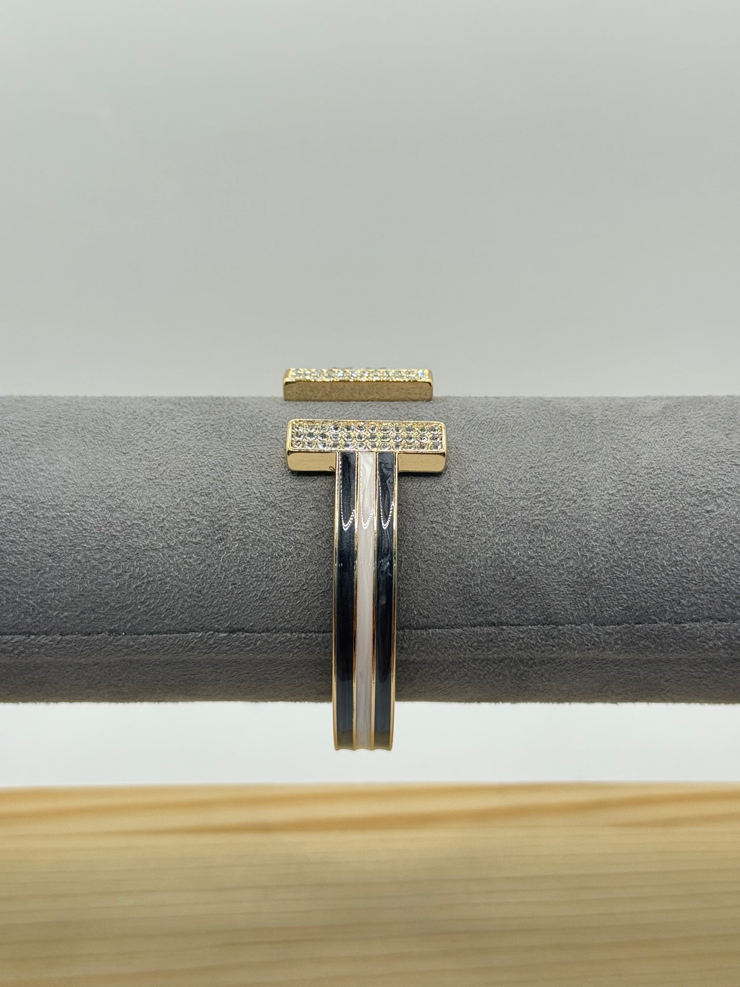 Gold Cuff with Black, White, and Gold Enamel Stripes and Rhinestones