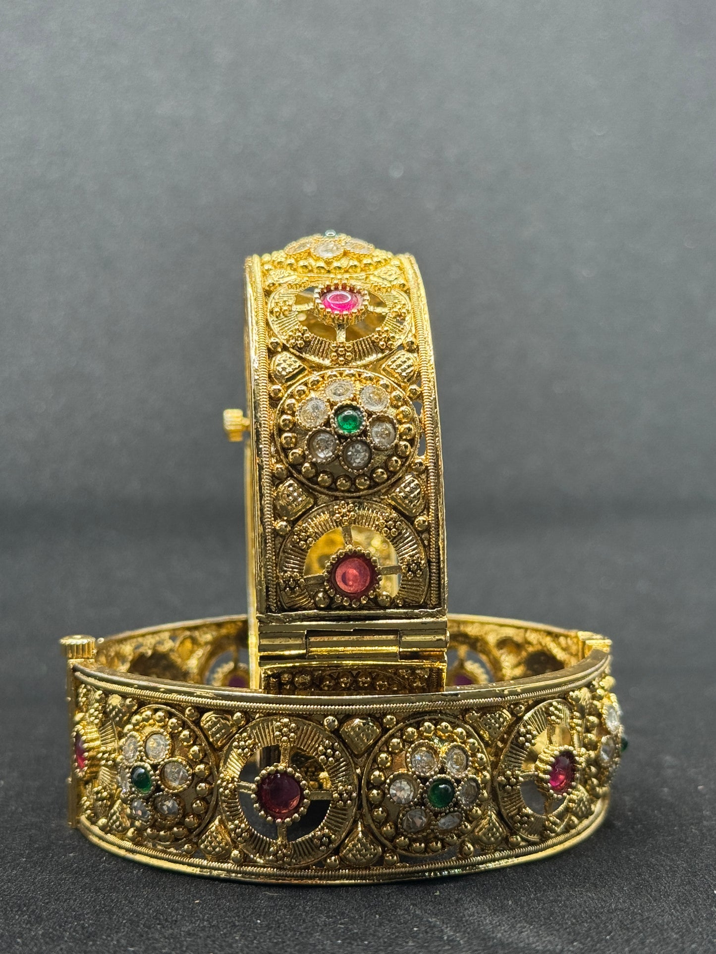 Embellished Gold-Toned Bangles with Multicolor Gemstones and White Stones 2*6