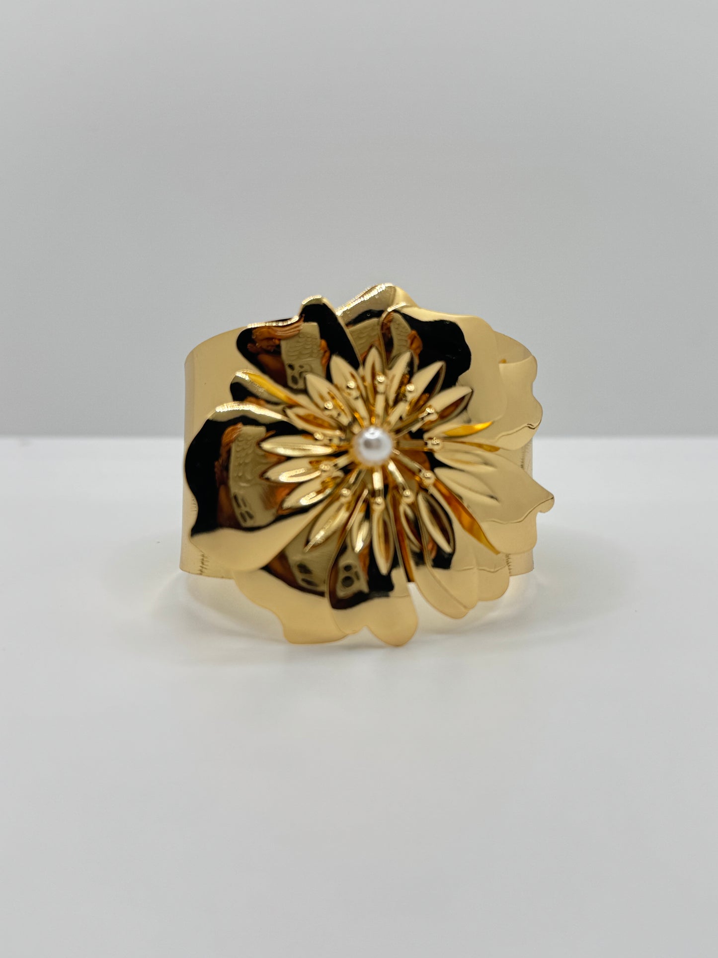 Gold Plated Floral Cuff with Pearl Accent Bracelet