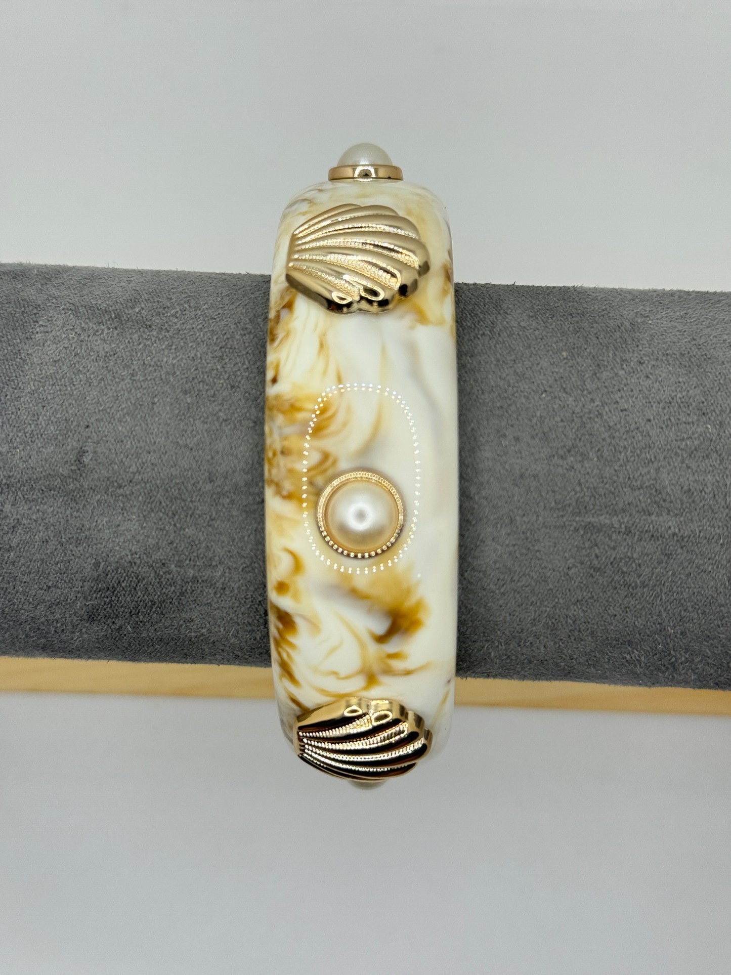 White Resin Bangle with Gold Shell and Pearl Accents