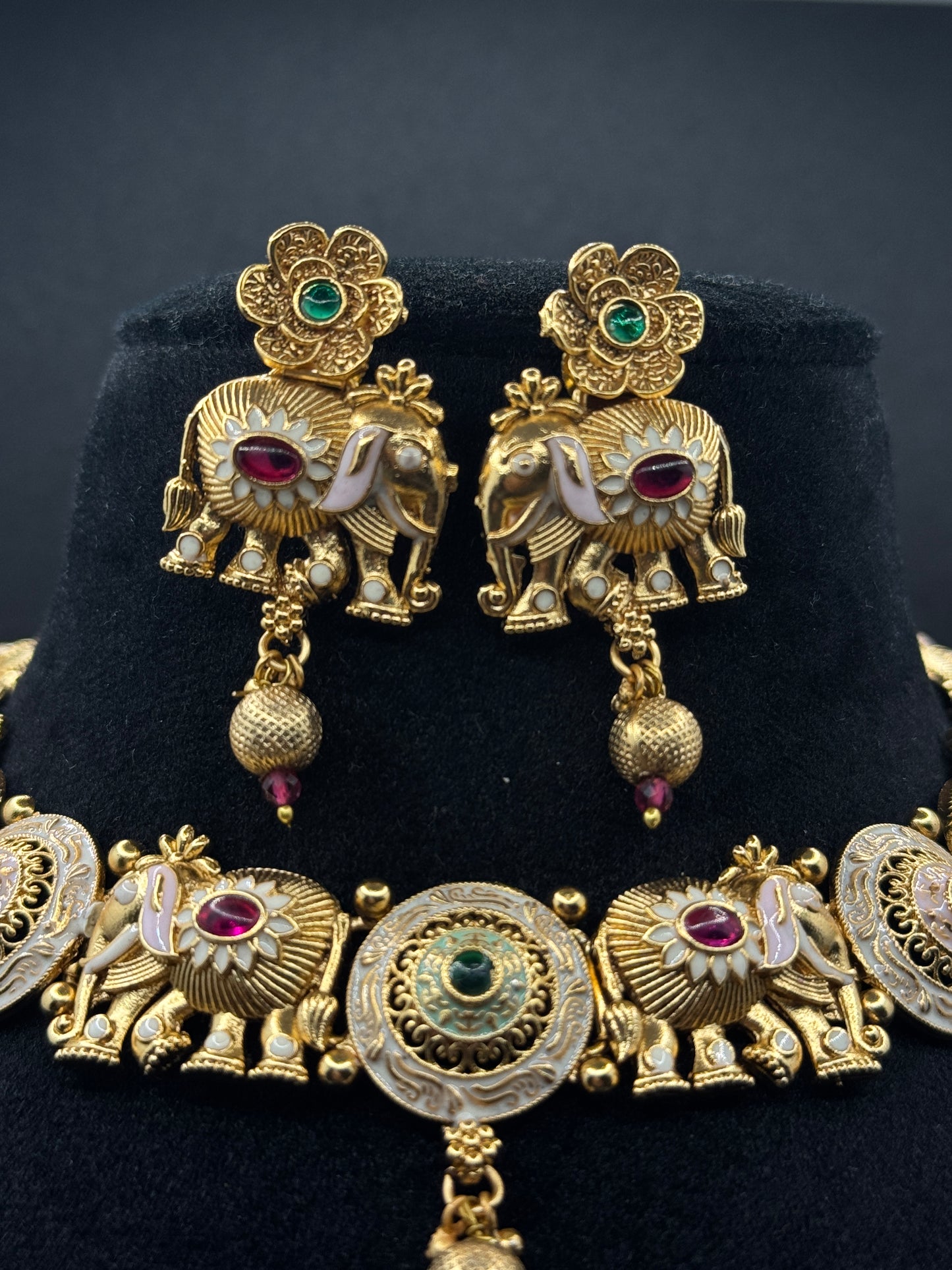 Gold Plated Meenakari Elephant Necklace Set with Pota Stone & Pearl