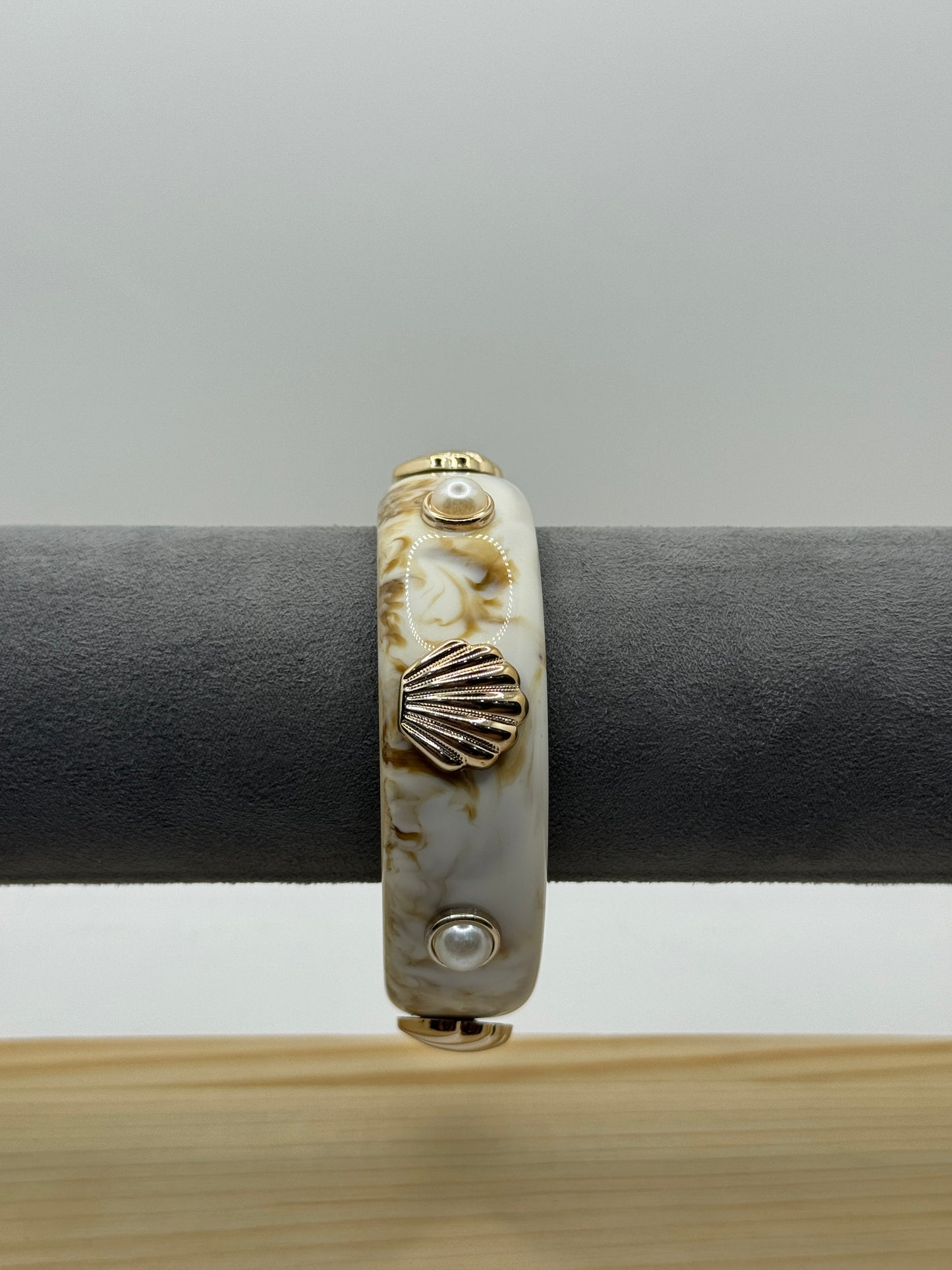 White Resin Bangle with Gold Shell and Pearl Accents