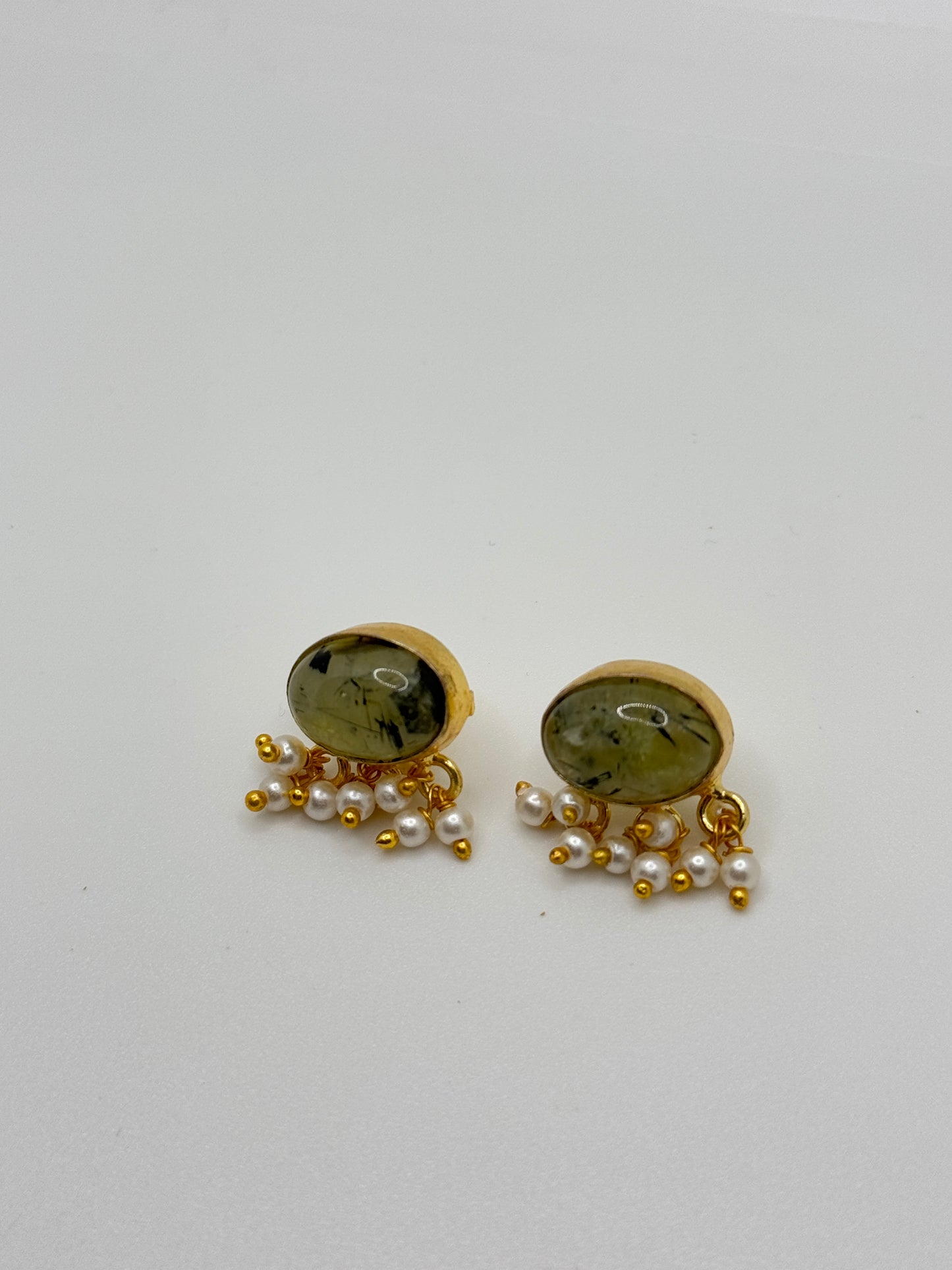 Gold Oval Prehnite Stud Earrings with Pearl Drops