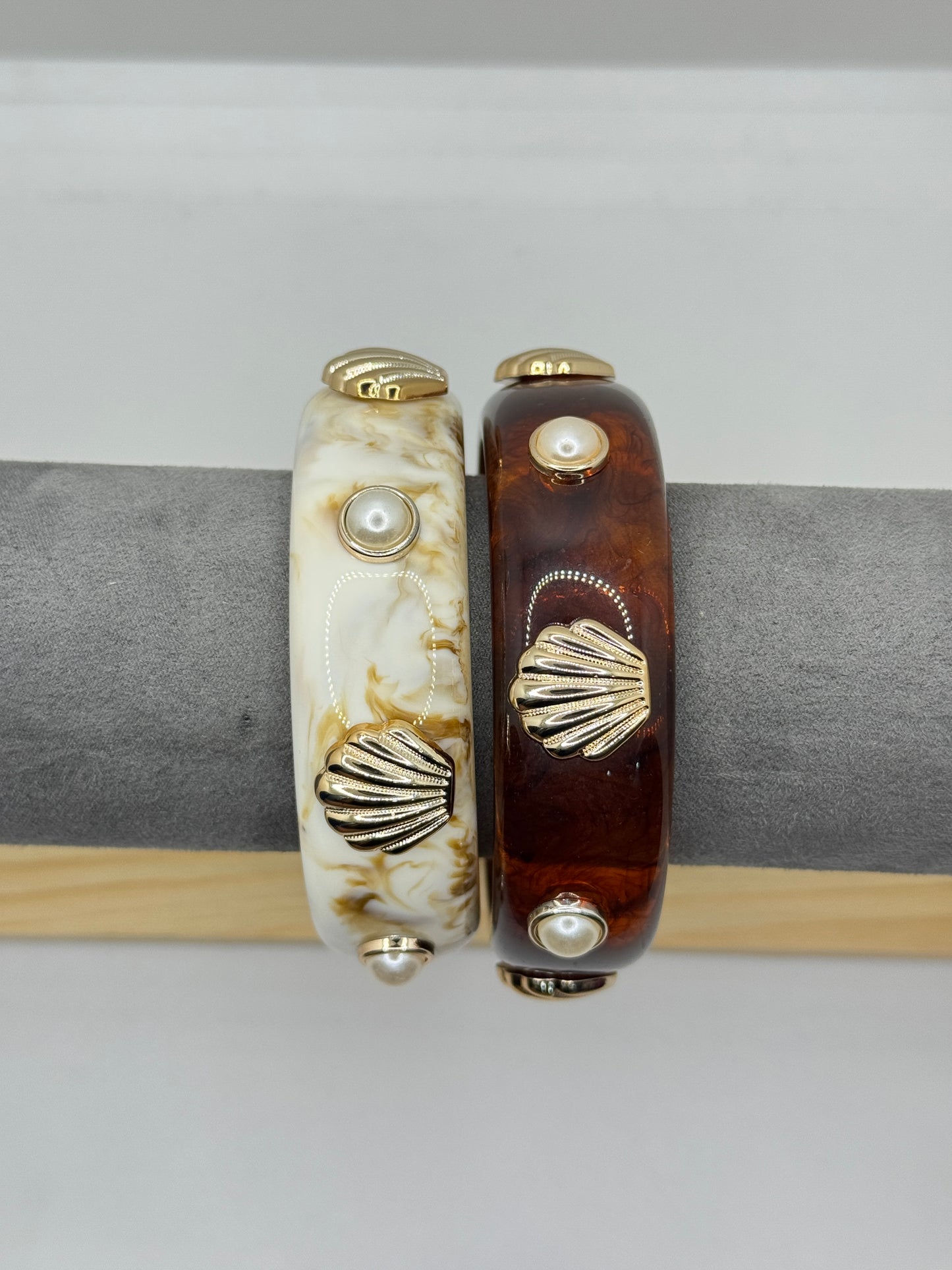 White Resin Bangle with Gold Shell and Pearl Accents