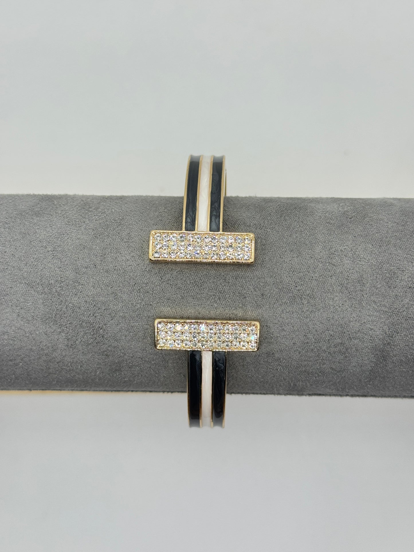 Gold Cuff with Black, White, and Gold Enamel Stripes and Rhinestones