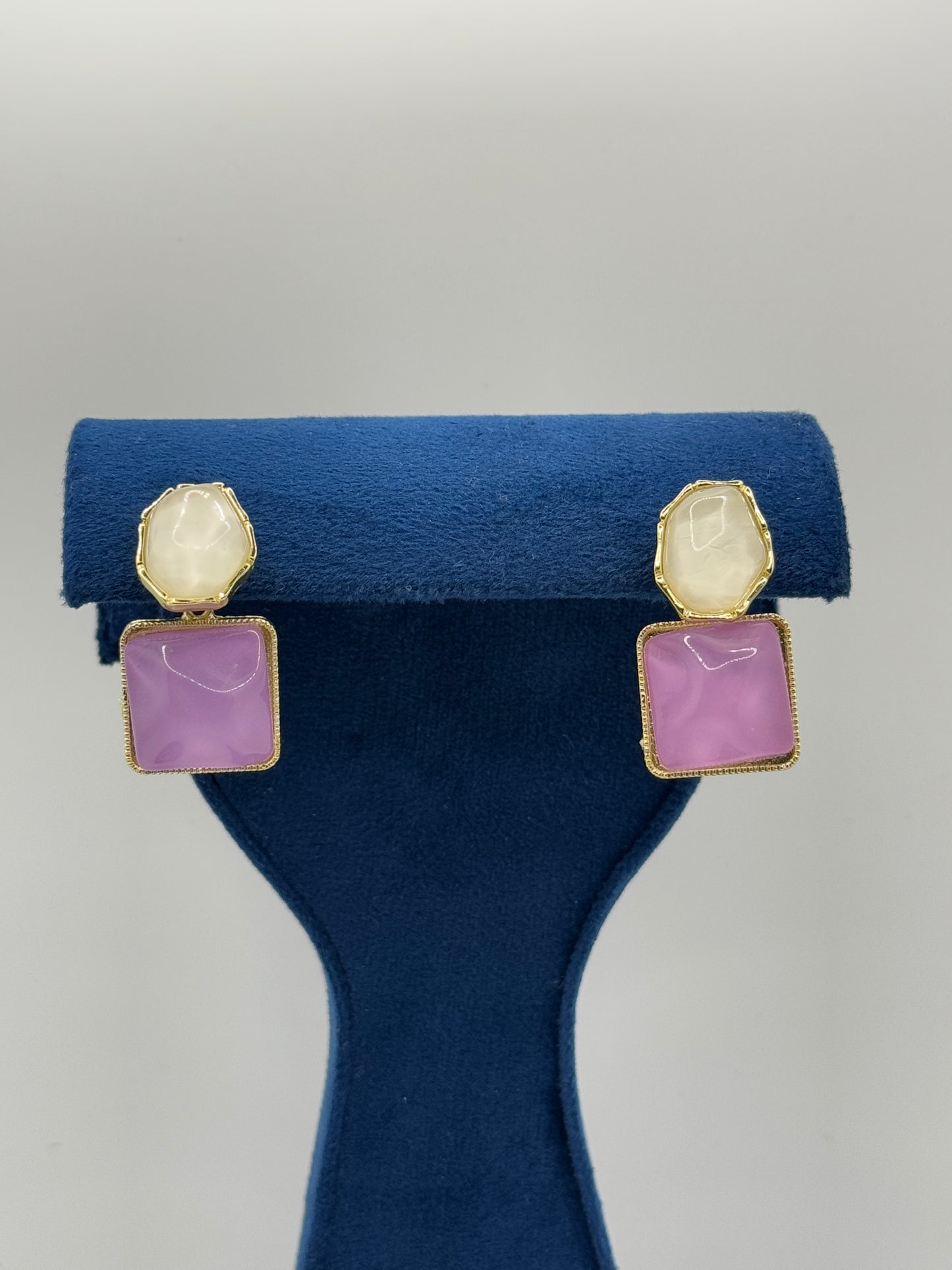 Gold-Toned Dual Stone Drop Earrings - Lavender & Ivory