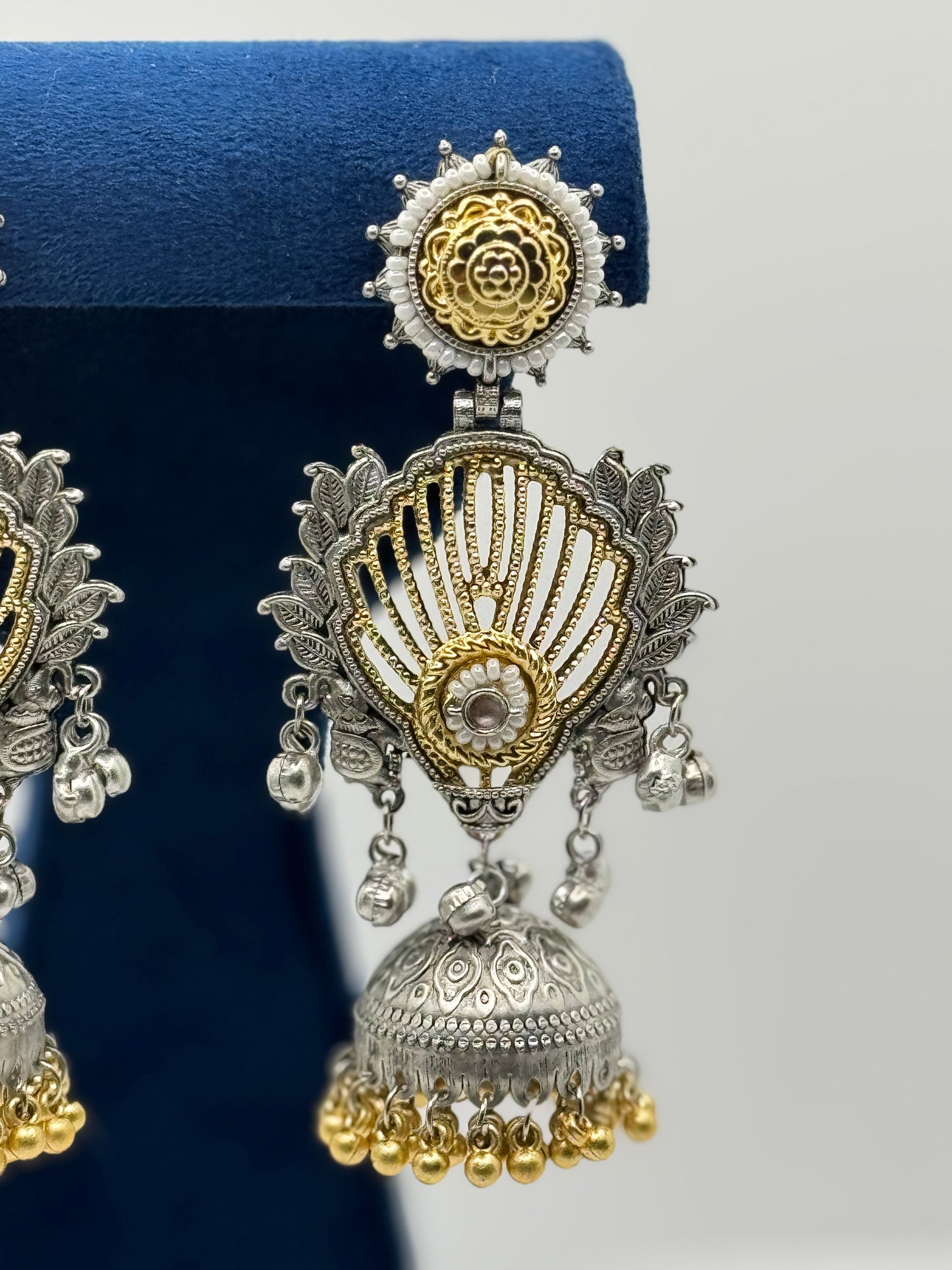 Pink Stone Fan-Design Dual-Tone Jhumkas