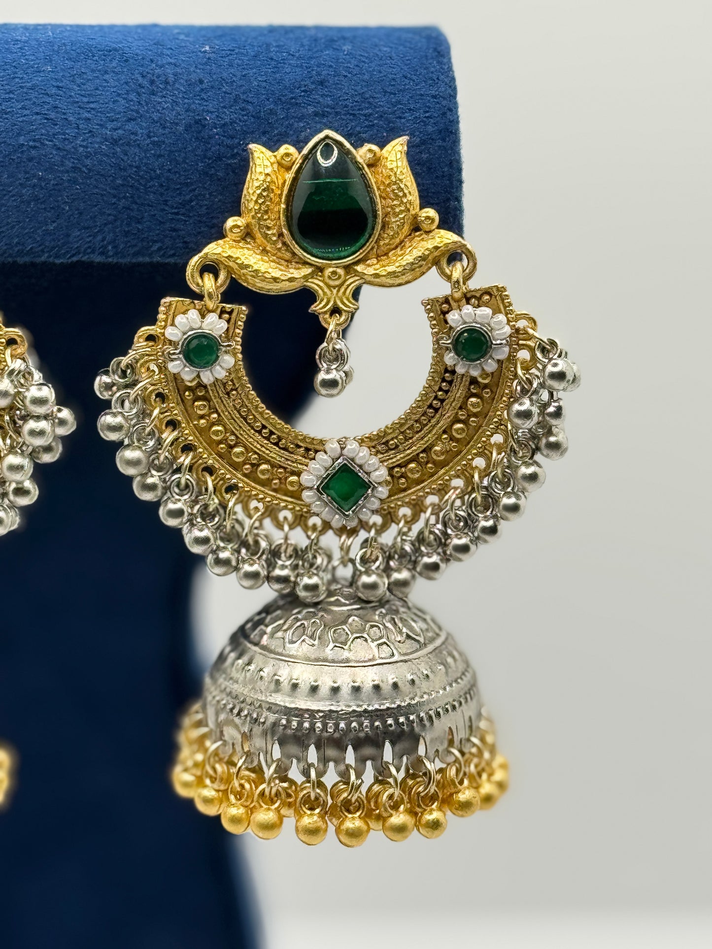 Emerald Green Stone Chandbali Jhumkas