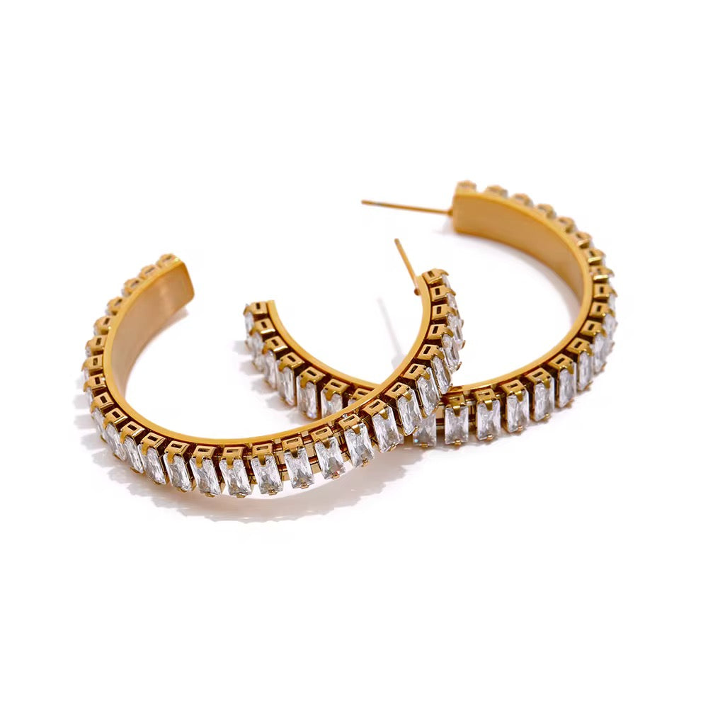 Baguette loop earring in zircon studs stainless steel