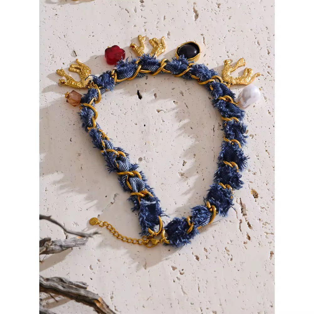 Denim charm necklace
