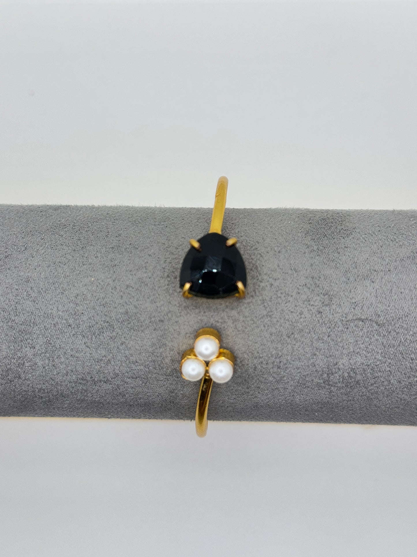 Open Gold Bangle with Black Teardrop Stone and Pearls