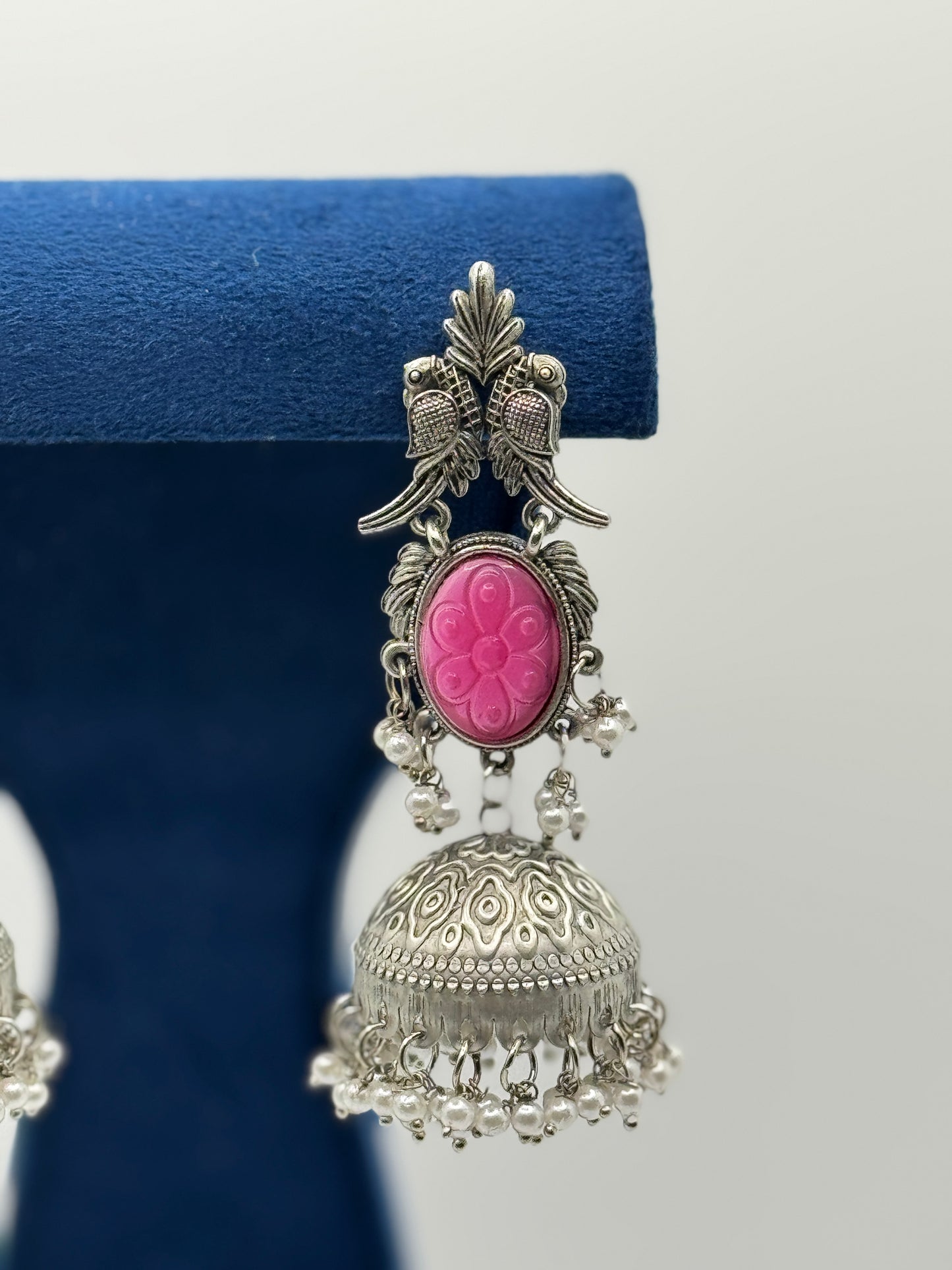 Deep pink Carved Stone Peacock Jhumkas
