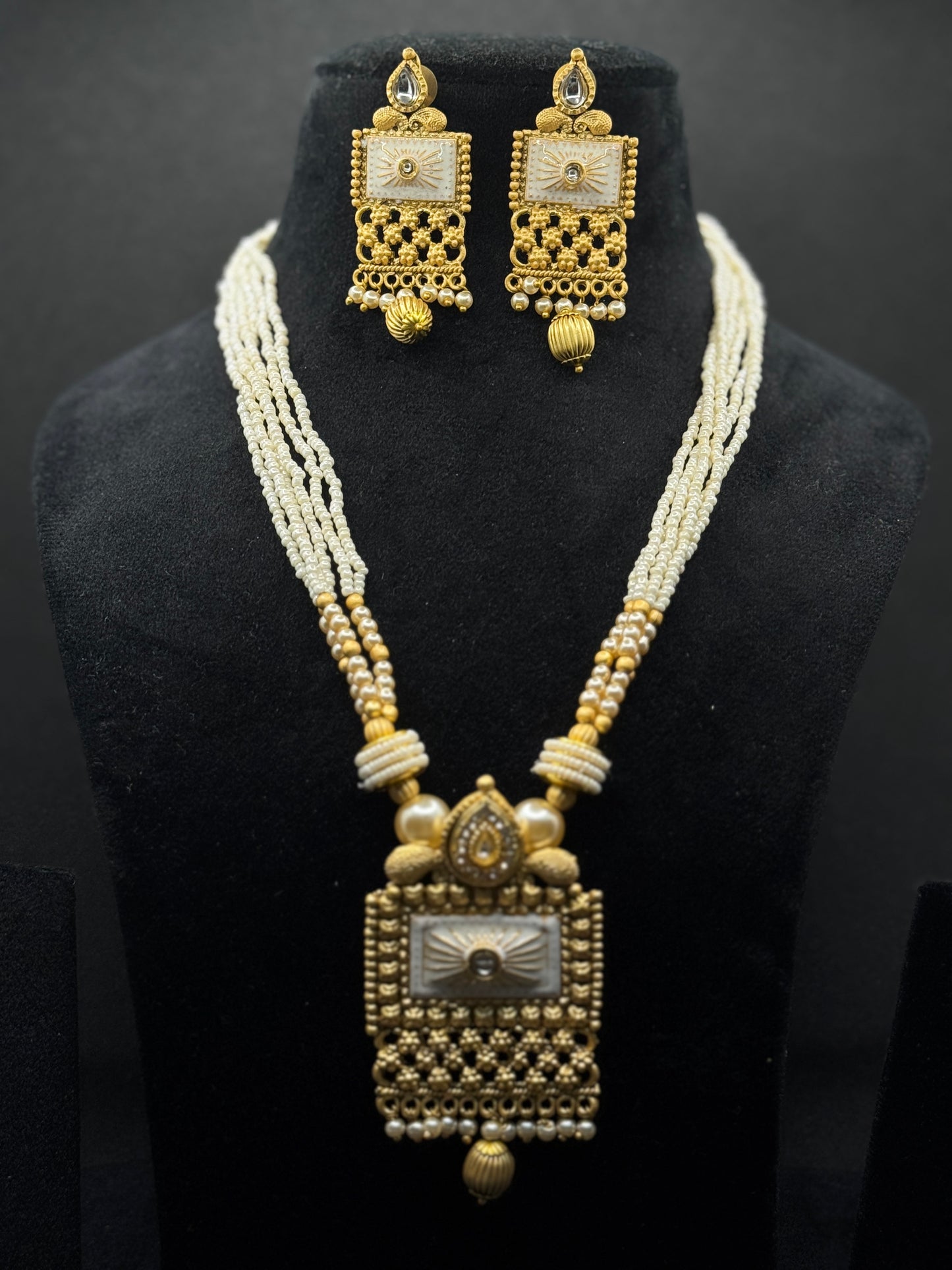Elegant Matte Gold Rajwadi Temple Necklace Set with Pearl Strands