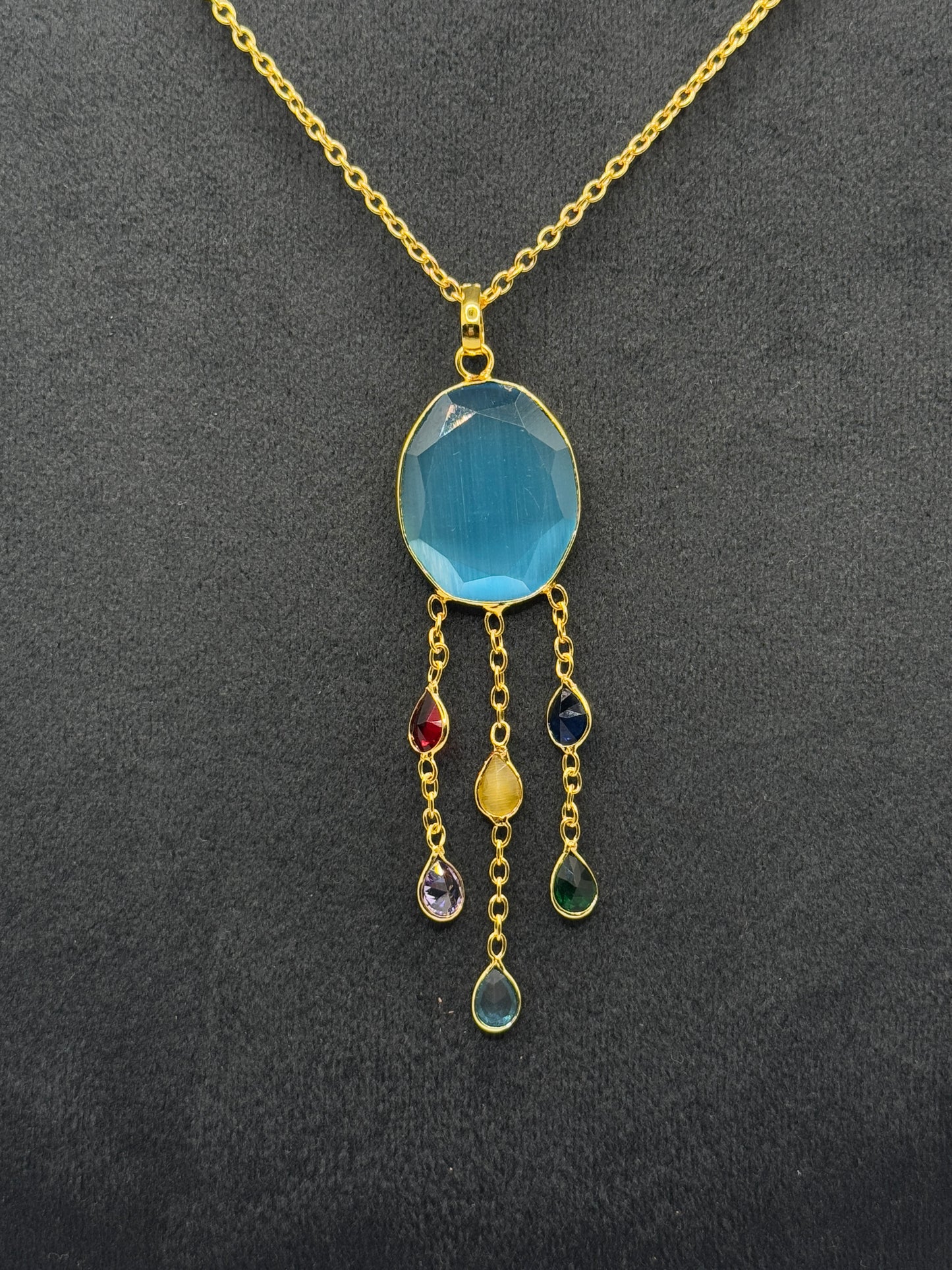 Gold Dreamcatcher-Style Necklace with Blue Chalcedony and Multicolor Gemstone Drops