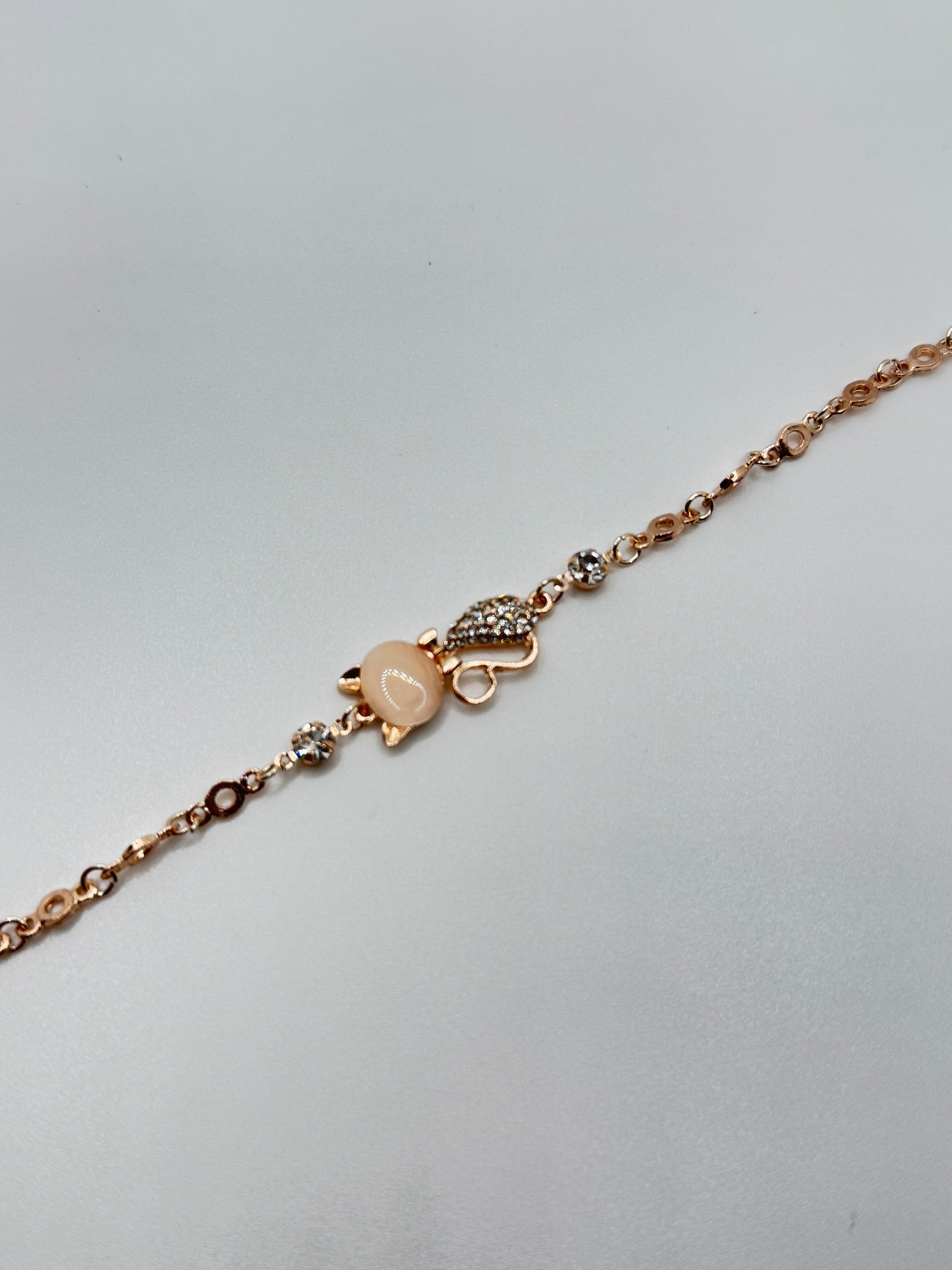 Rose Gold Tone Cat and Cubic Zirconia Ankle Bracelet
