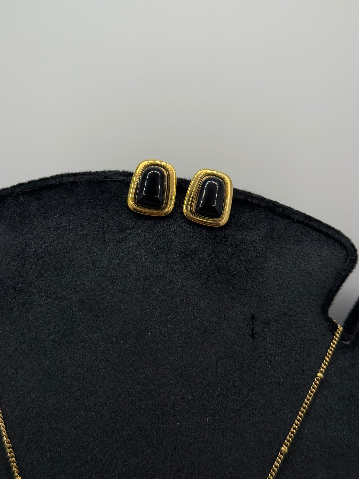 Gold Tone Pendant and Stud Earring Set with Black Inlay