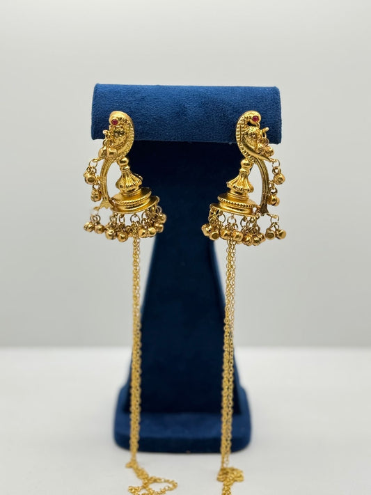 Gold Plated Peacock Design Jhumka Earrings with Attached Chains