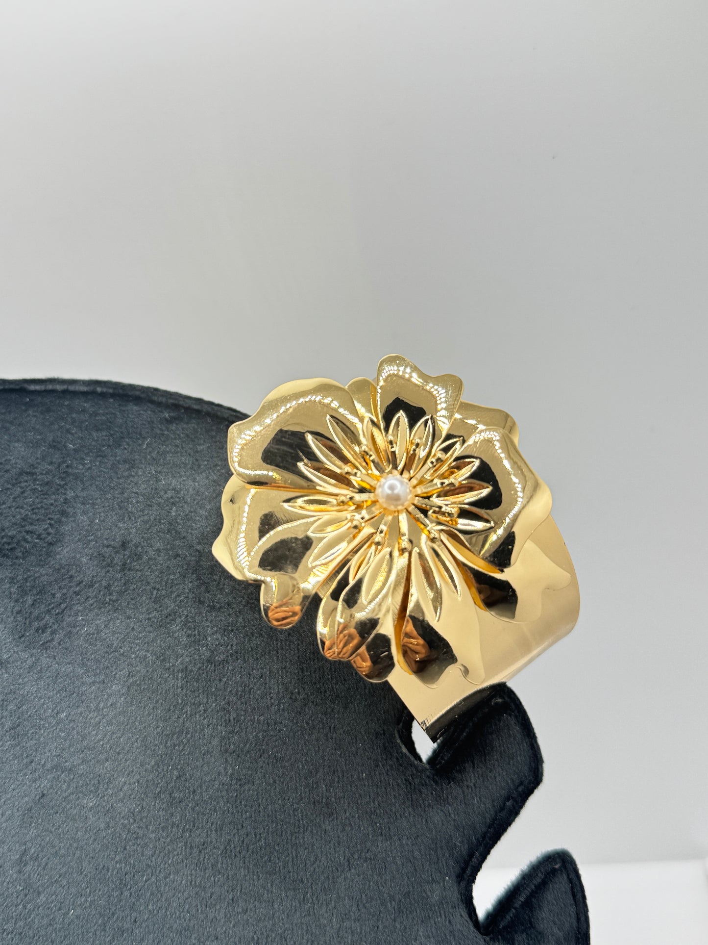 Gold Plated Floral Cuff with Pearl Accent Bracelet