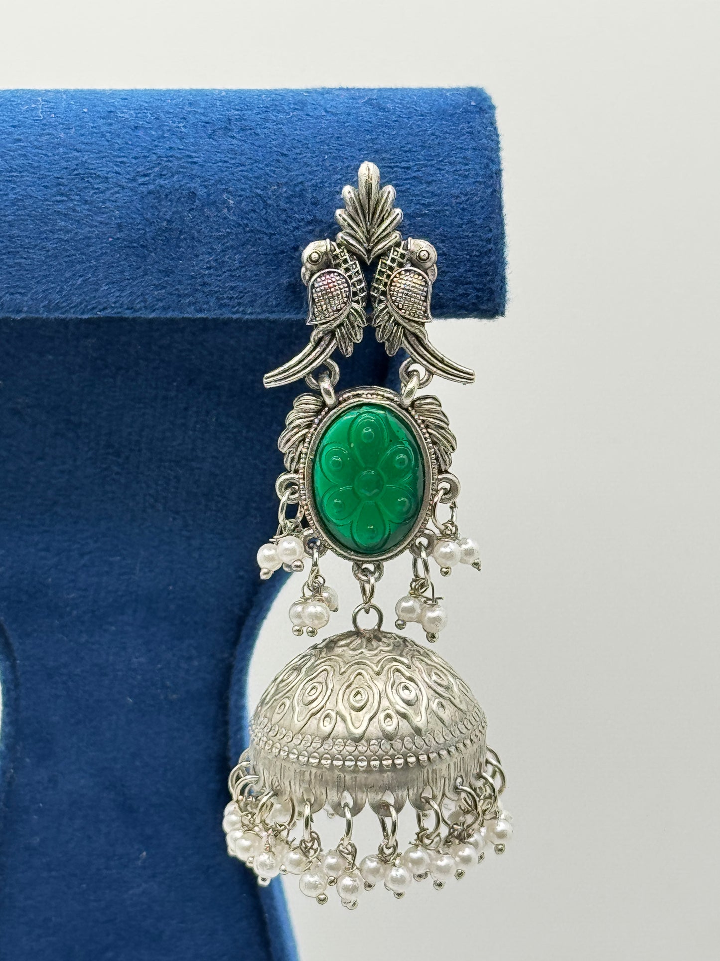 Deep Green Carved Stone Peacock Jhumkas