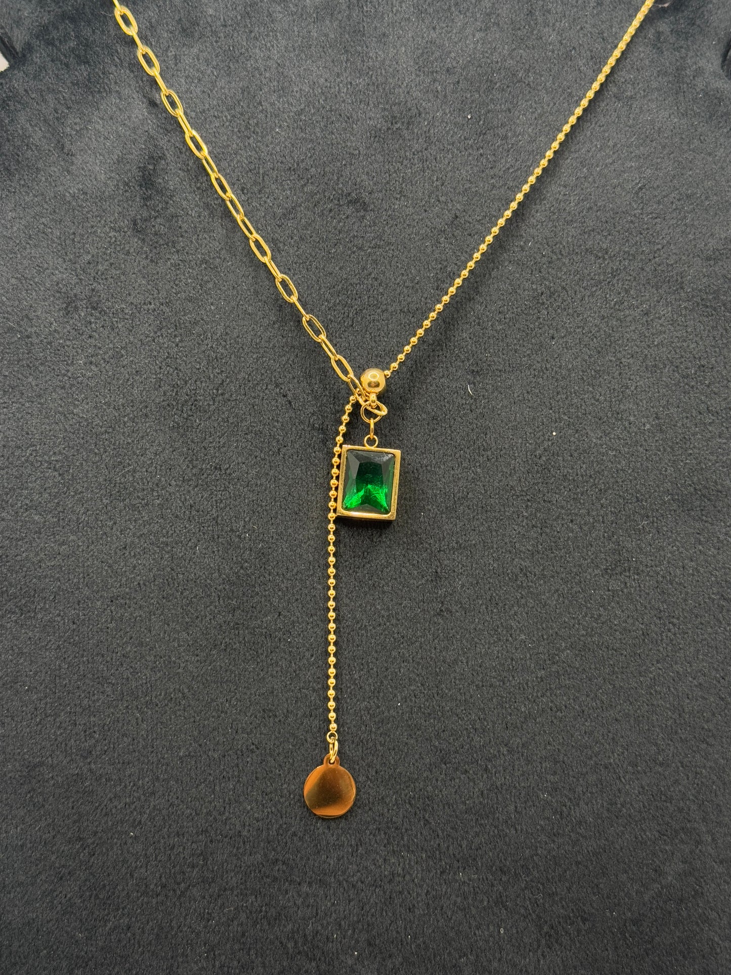 Gold Tone Y-Lariat Necklace with Emerald Green Gemstone