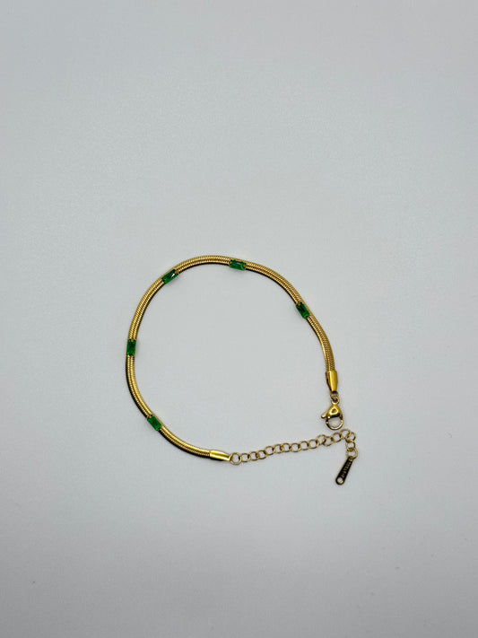 Gold Tone Snake Chain Bracelet with Green Bar Inlays