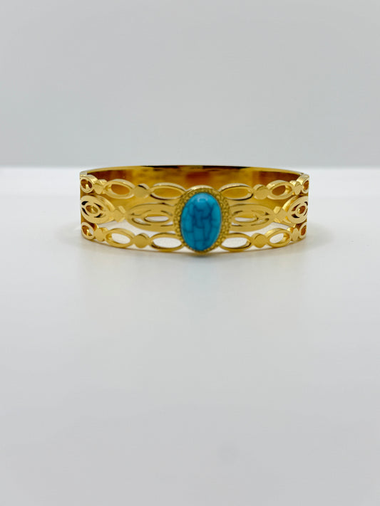 Gold Cuff with Turquoise Cabochon and Filigree