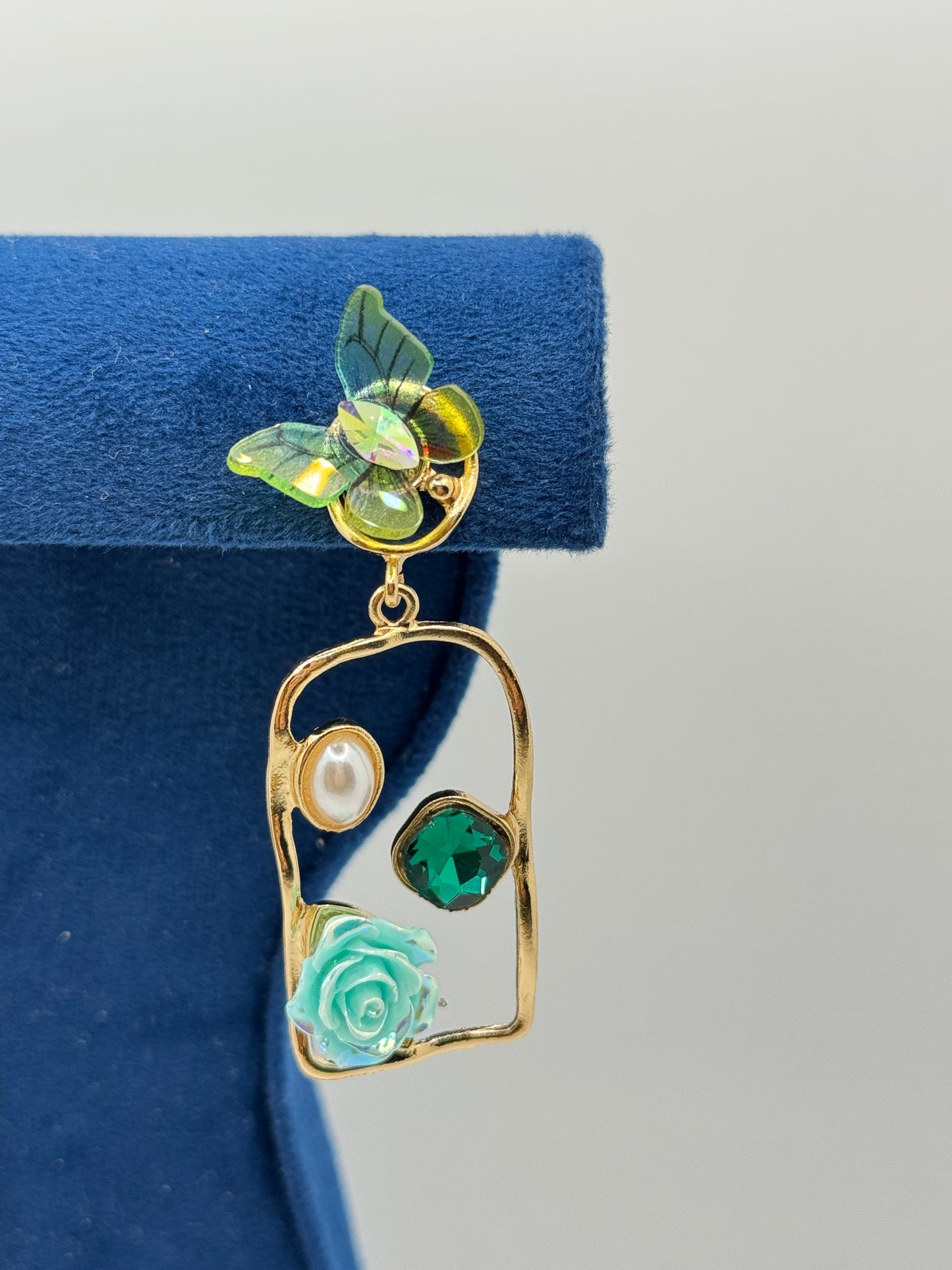 Whimsical Floral Drop Earrings with Butterfly & Rose Details