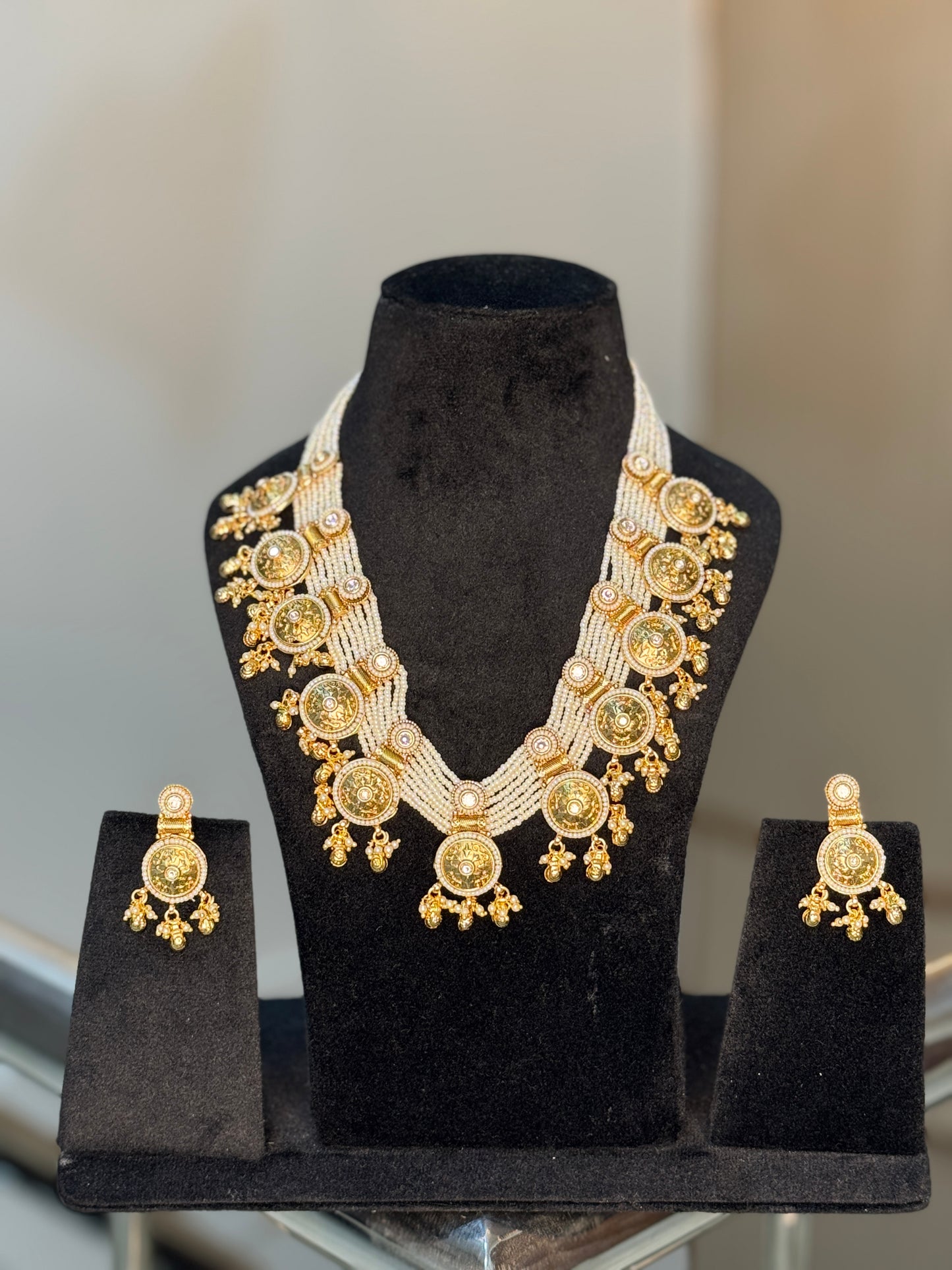 Elegant Pearl & Gold Plated Long Necklace Set with Coin