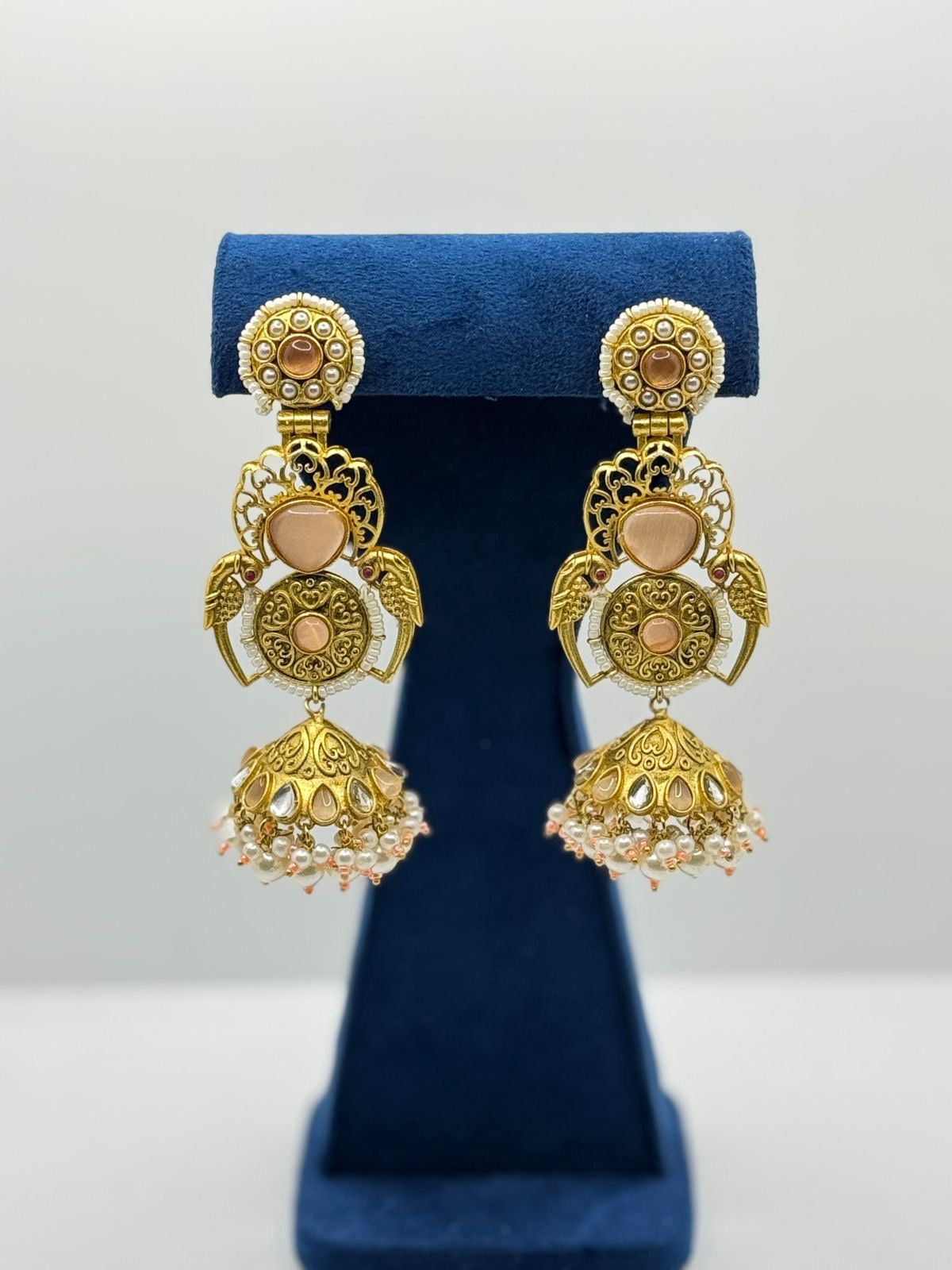 Grand Matte Gold Jhumkas with Pink Beads and Pearl Detailing