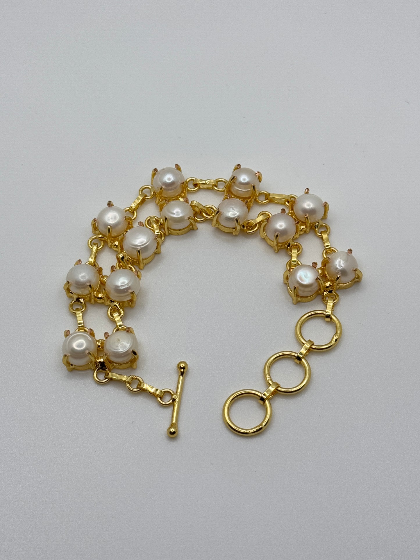 Pearl & Gold Double Strand Bracelet with Toggle Clasp