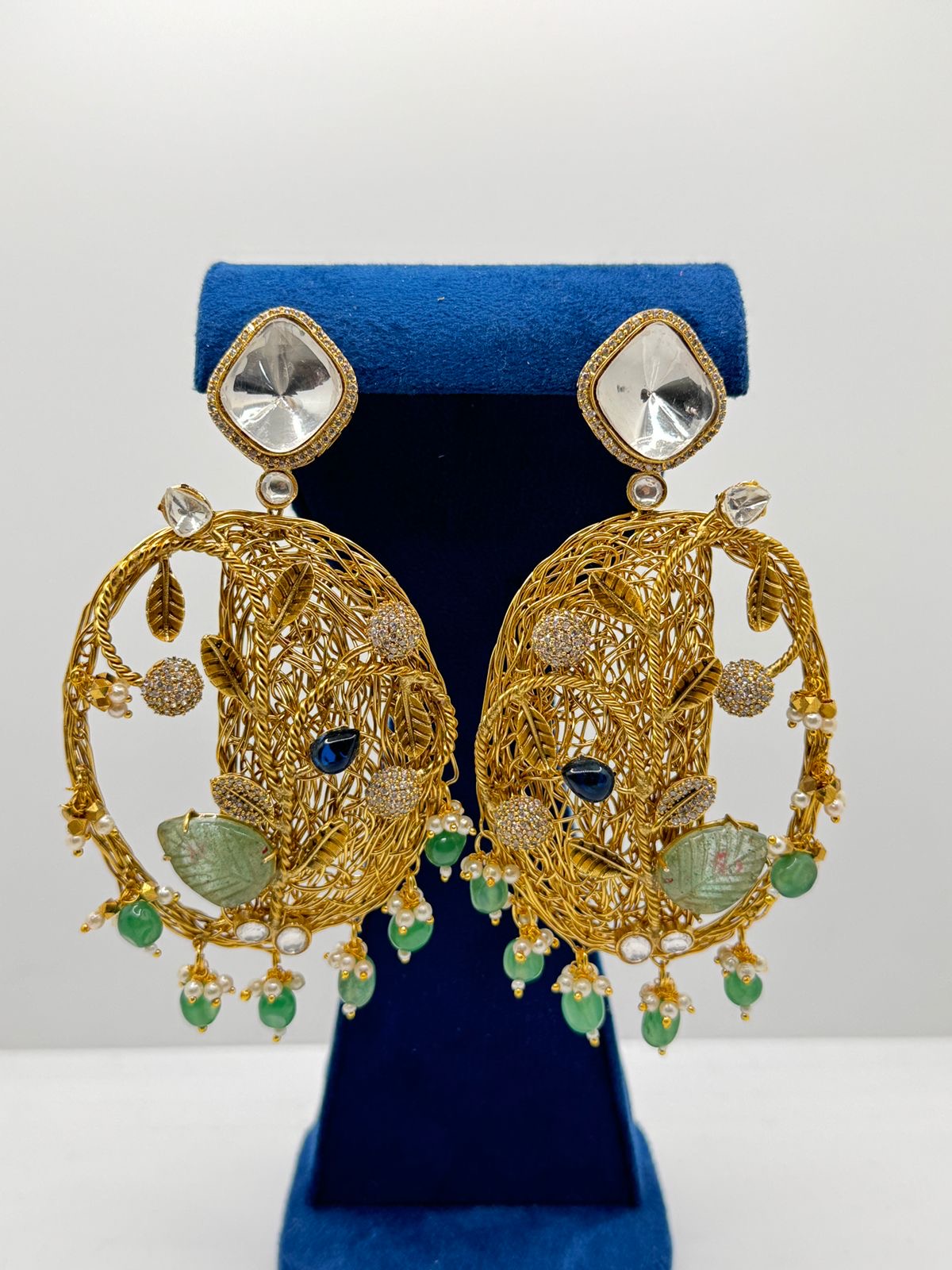 Grand Gold Filigree Chandeliers with Polki and Gemstones