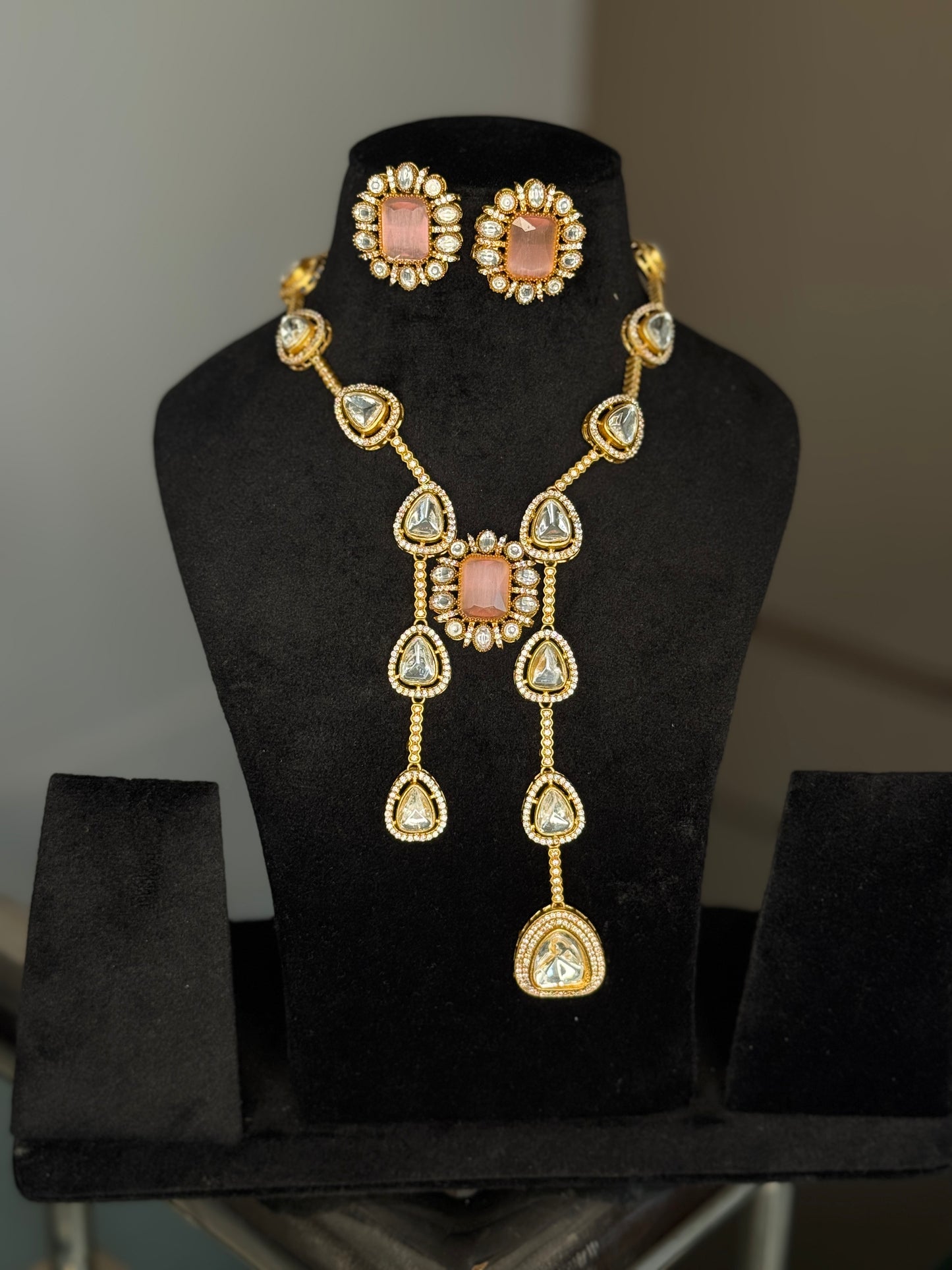 Elegant Pink Stone & Kundan Bridal Necklace Set