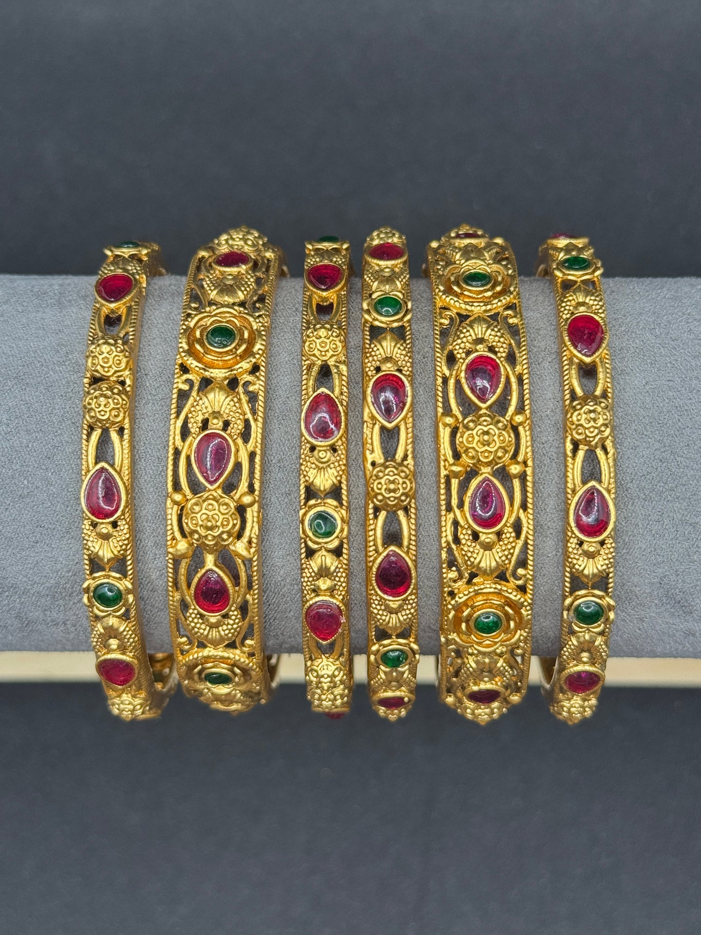 Set of 6 Antique Gold Plated Bangles with Ruby & Emerald Stones 2*6
