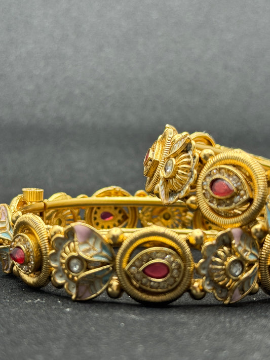 Ornate Gold Bangles with Red Stone Accents 2*6