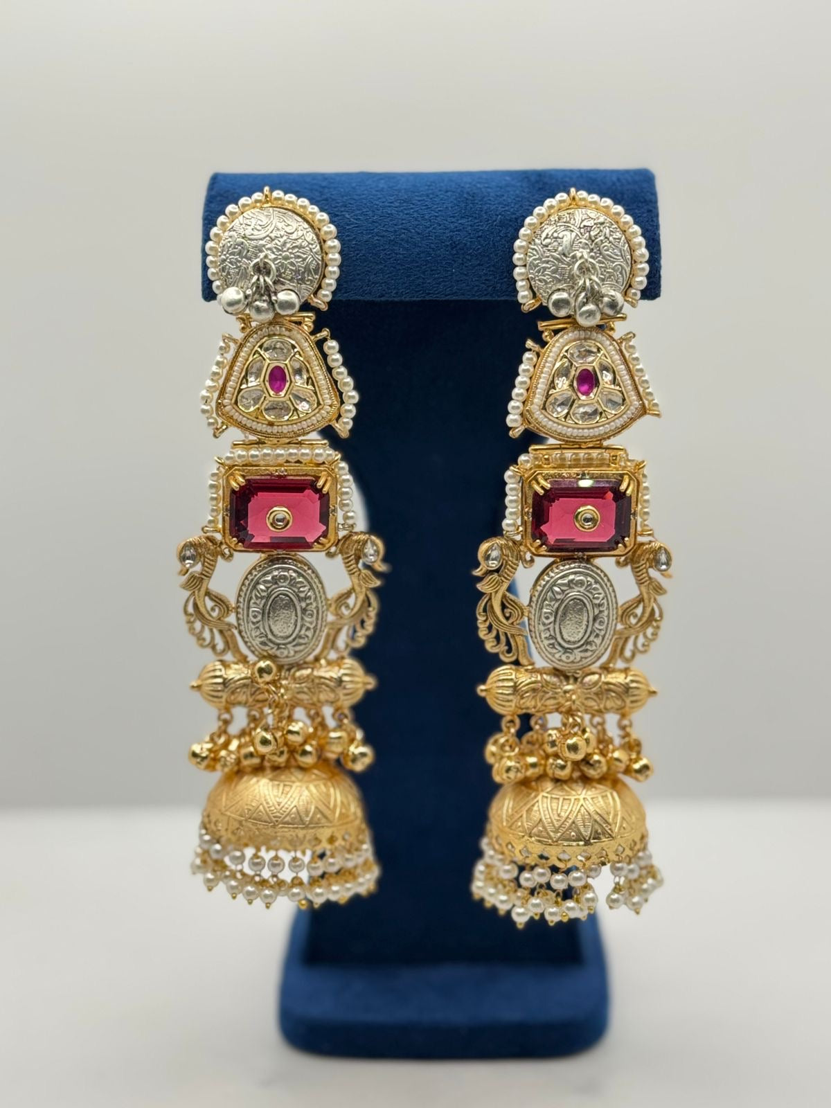 Ruby Red Stone and Gold Jhumka Earrings