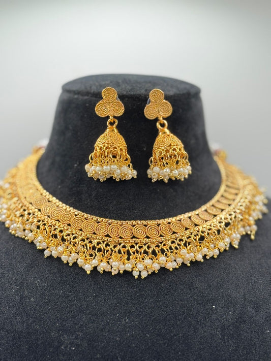 Necklace copper base and pearl work with jhumka