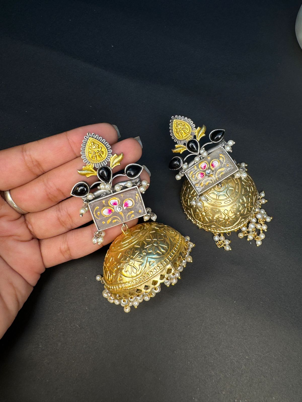 Exquisite Dual-Tone Jhumkis with Hand-Painted Details and Pearl Drops