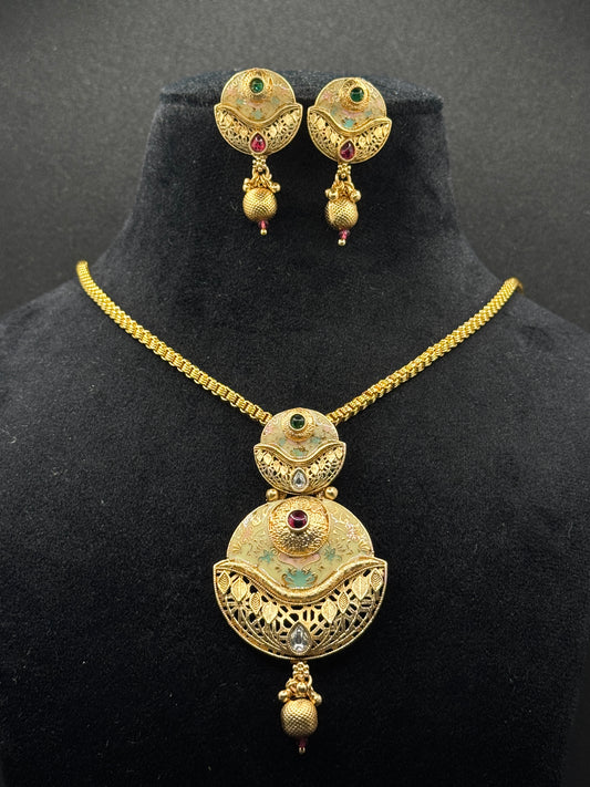 Elegant 22kt Gold Fancy Pendant Necklace Set with Matching Earrings without chain