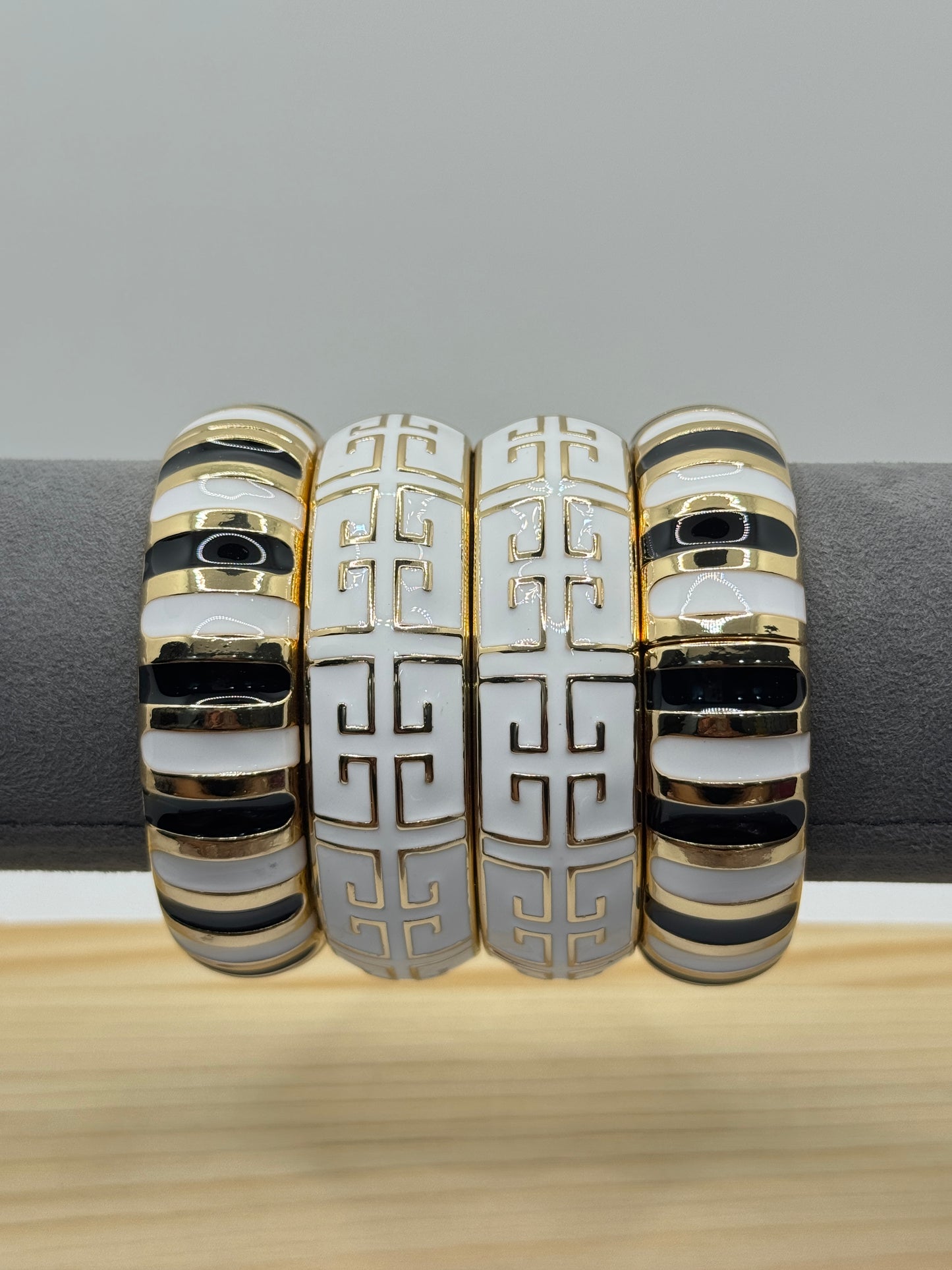 White Bangle with Gold Greek Key Pattern