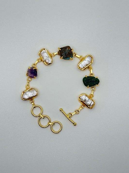 Gold Link Bracelet with Mixed Gemstones and Pearls