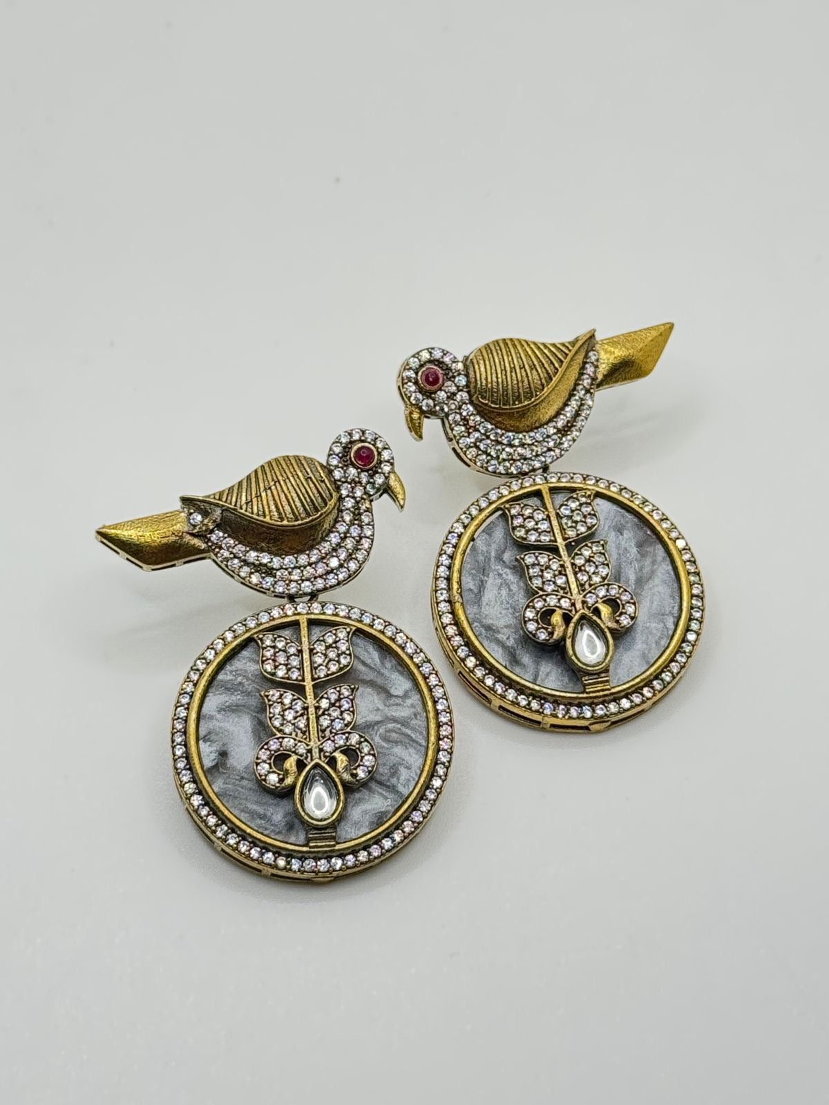 Contemporary Bird Motif Earrings with Grey Stone and Kundan Work