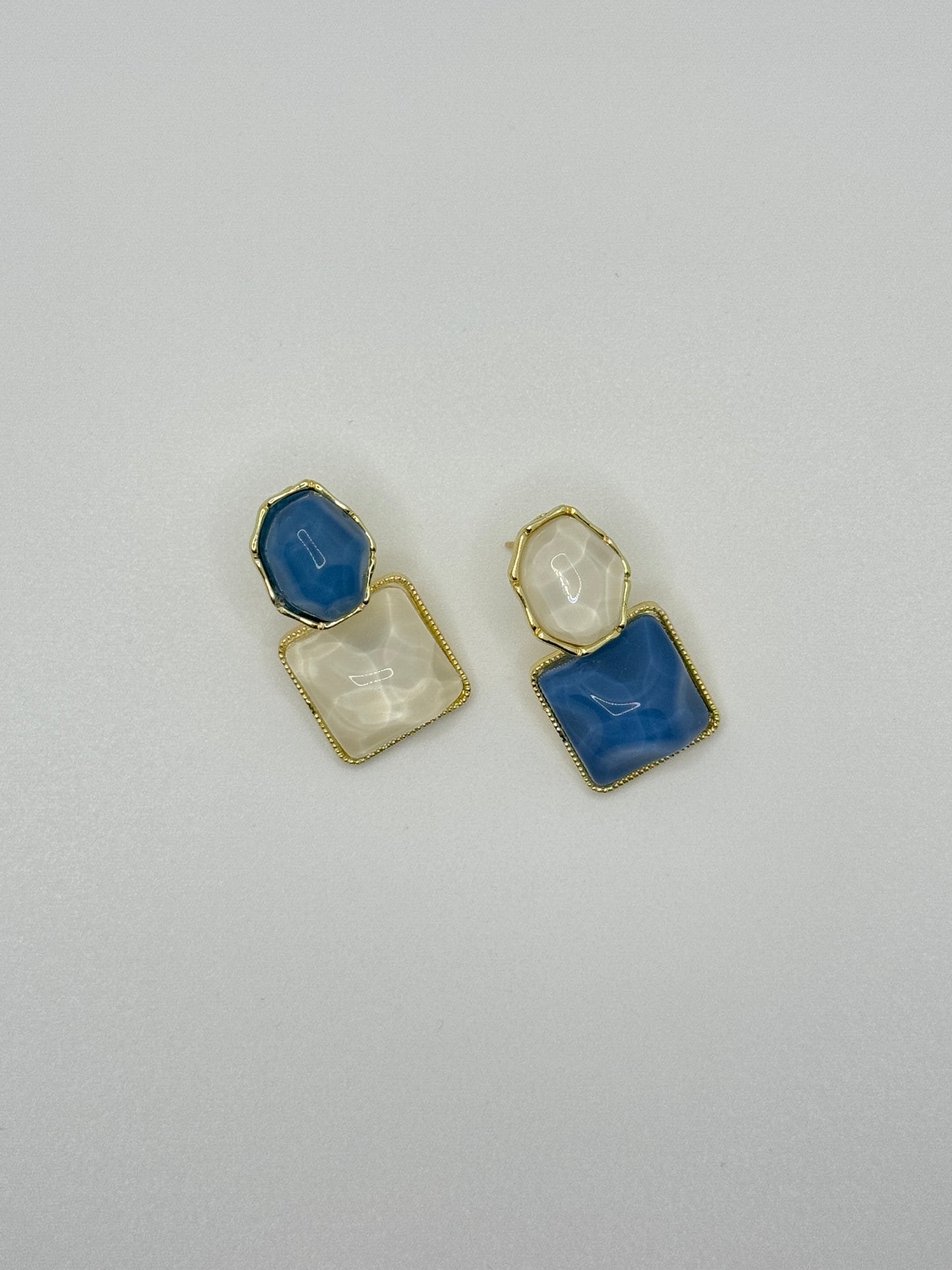 Gold-Toned Dual Stone Drop Earrings - Blue & Ivory